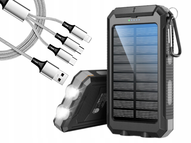 Silná odolná solární powerbanka 20000 mAh kabel