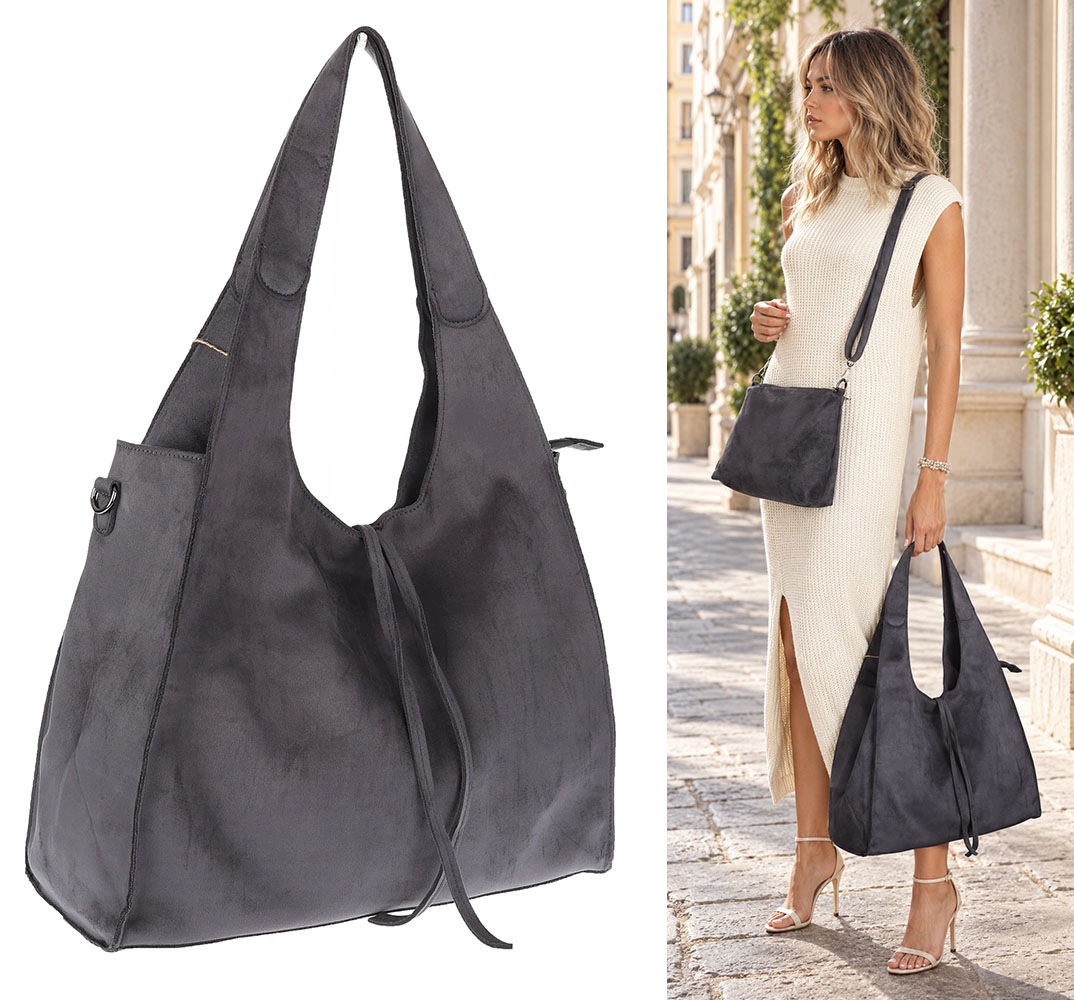 Dámská shopper semišová kabelka módní do práce módní taška L140 Šedá