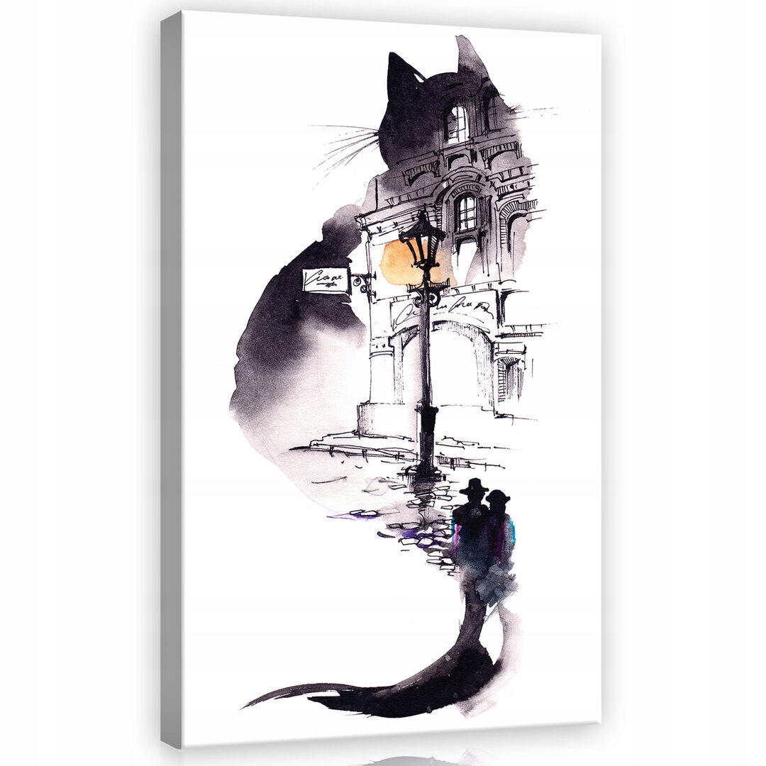 Obraz 60x80 Noční město silueta kočky akvarel krajina městská lucerna