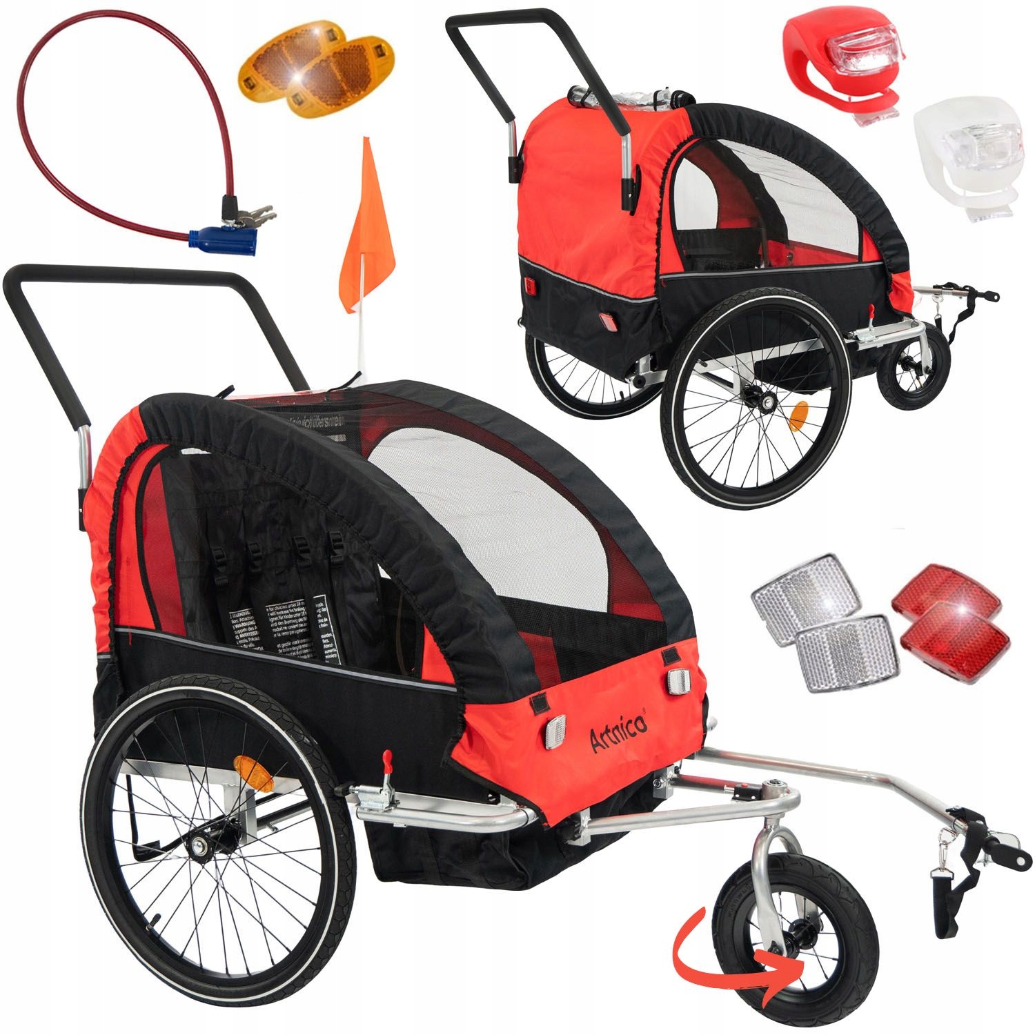 Cyklistický Přívěs 3v1 pro děti skládací Tlumení Nárazů Kolo 360 Červený