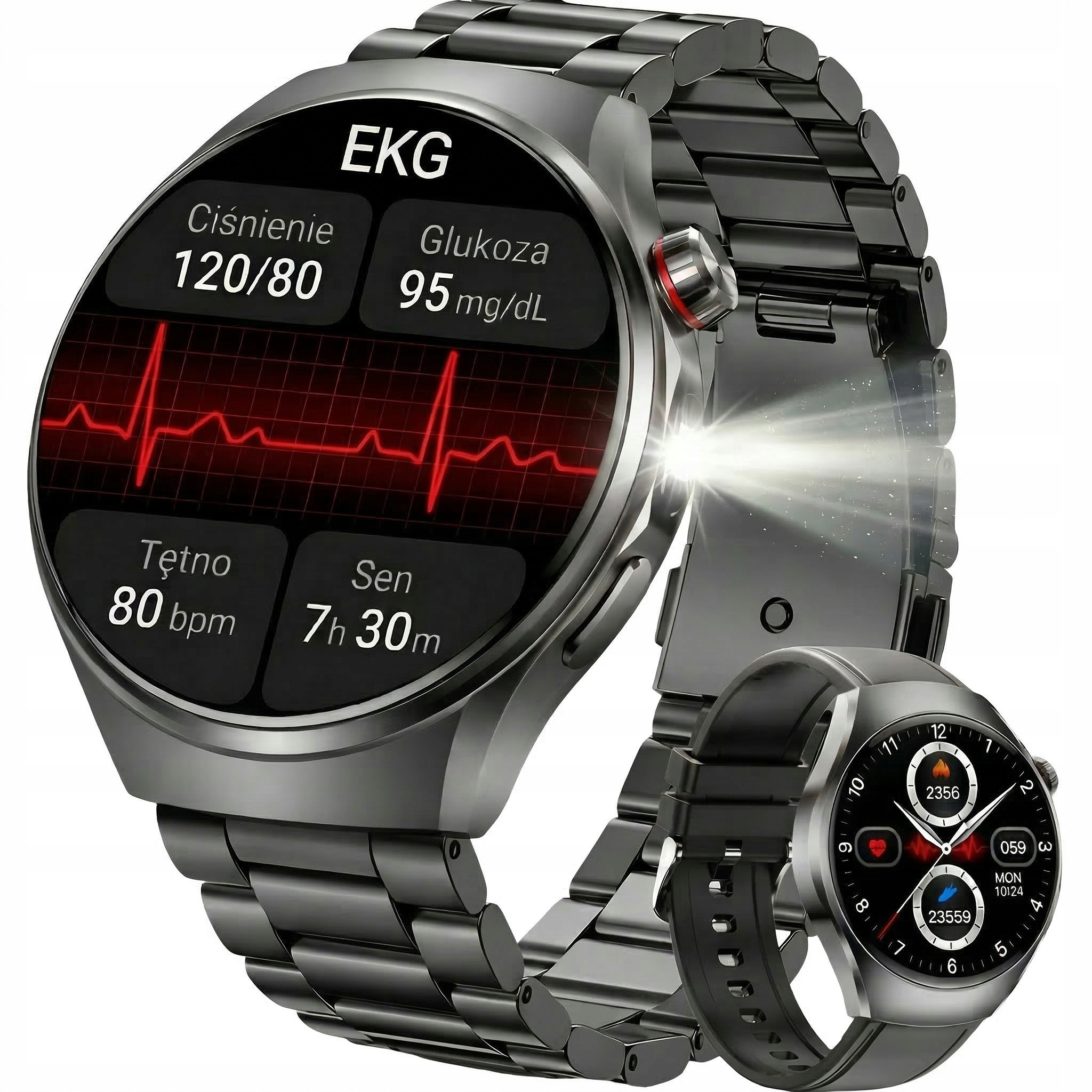 Smartwatch Ekg Latarka Amoled Zegarek Z Ciśnieniomierz Glukozy Rozmowy Hrv