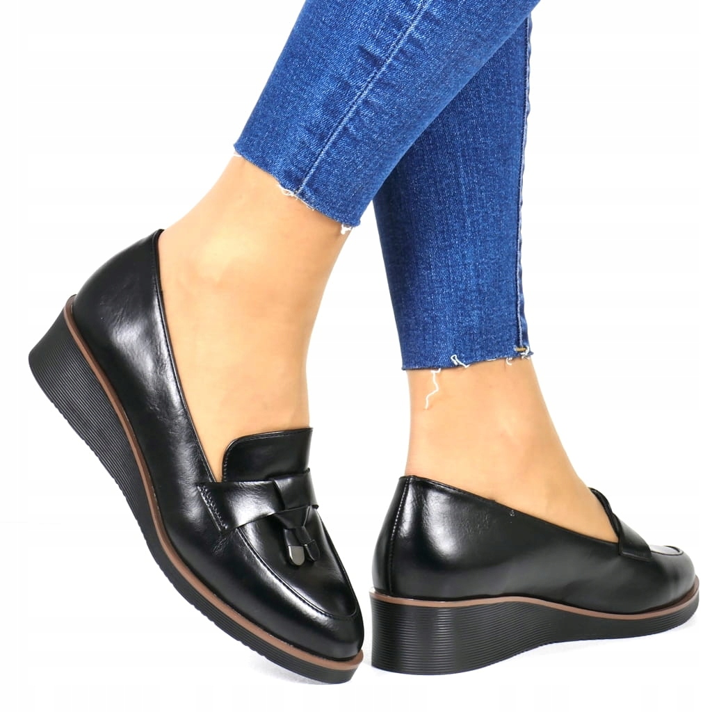 Černé Dámské Kotníkové Polobotky Mokasíny Na Koturnu, Stélka Kůže