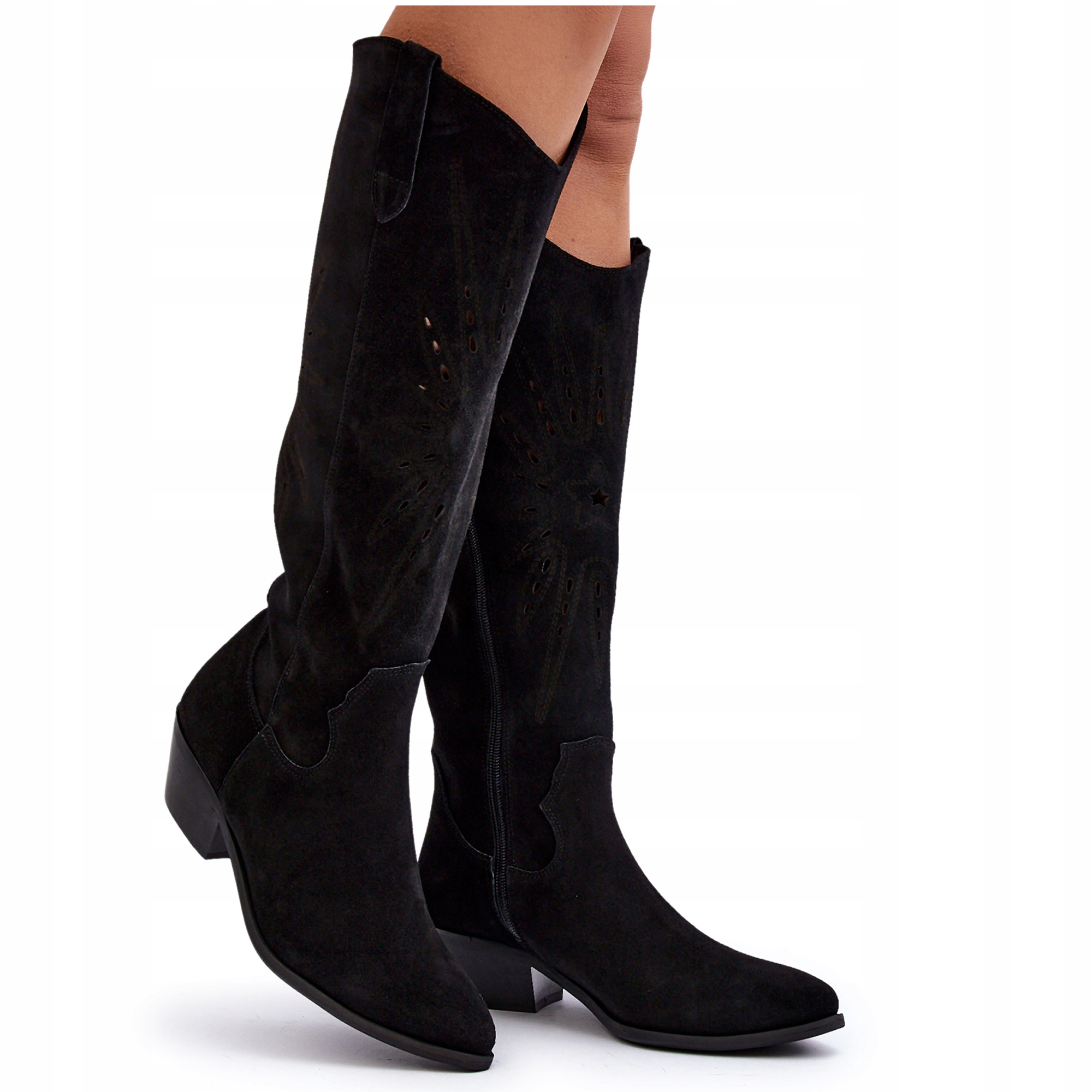 KOZAKI ZAMSZOWE AŻUROWE NA NISKIM OBCASIE ZAZOO 2909 CZARNE 40