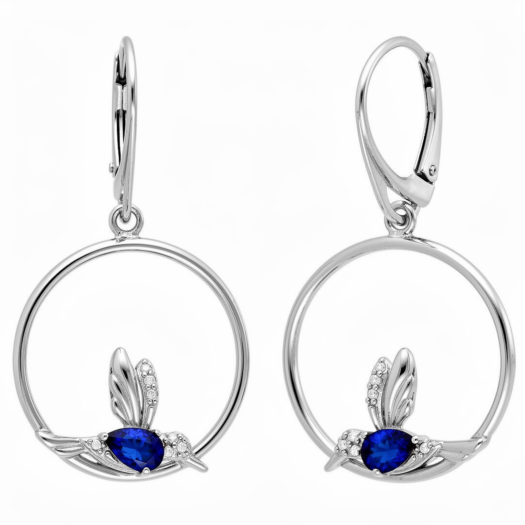 Stříbrné Náušnice Anglické Kroužky S Kolibříky Zirkony A Safírem