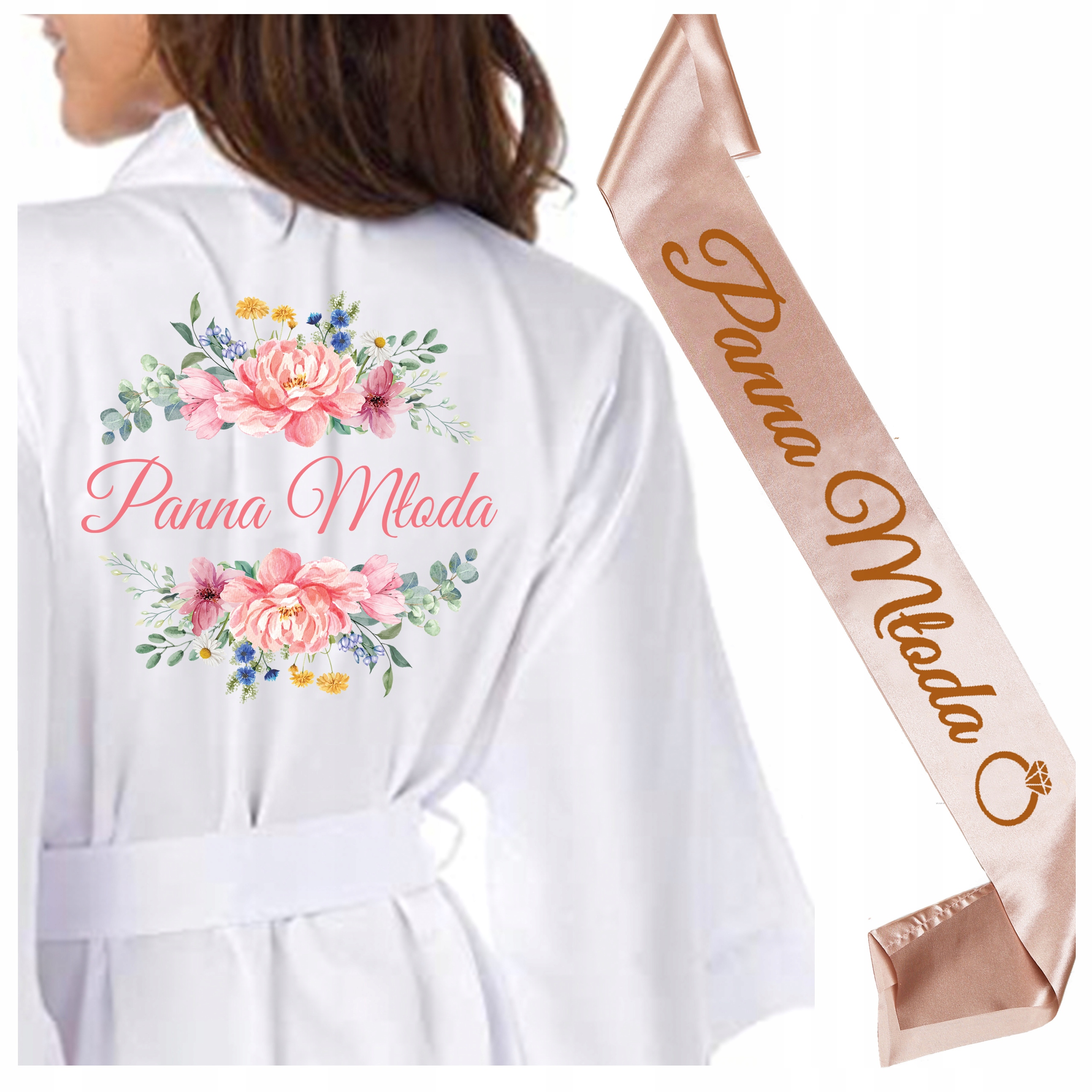 

Szlafrok ślubny szarfa Panna Młoda panieński