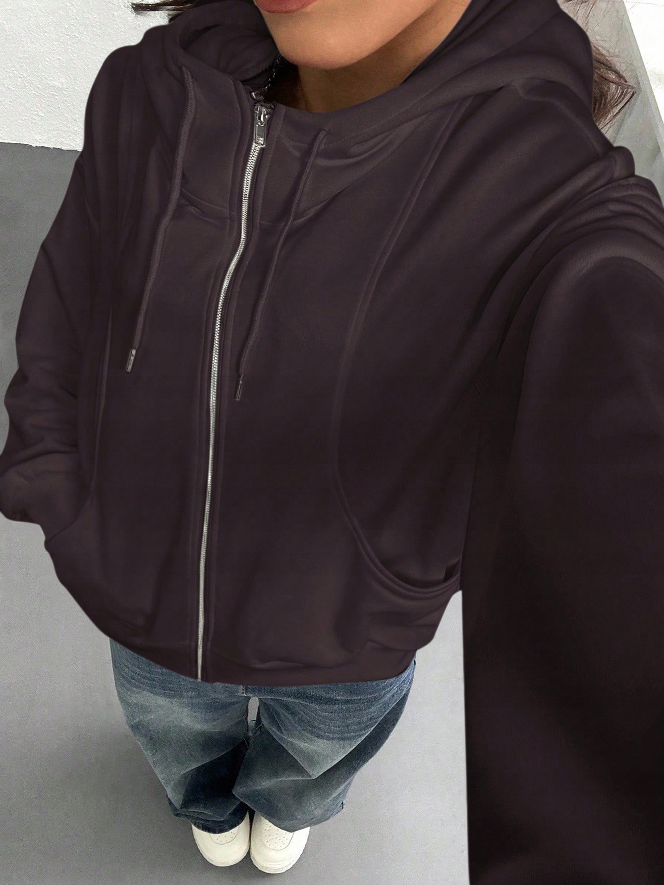 Mikina Dámská Klokanka Volná Hnědá S Kapucí Na Zip Shein 3XL 46