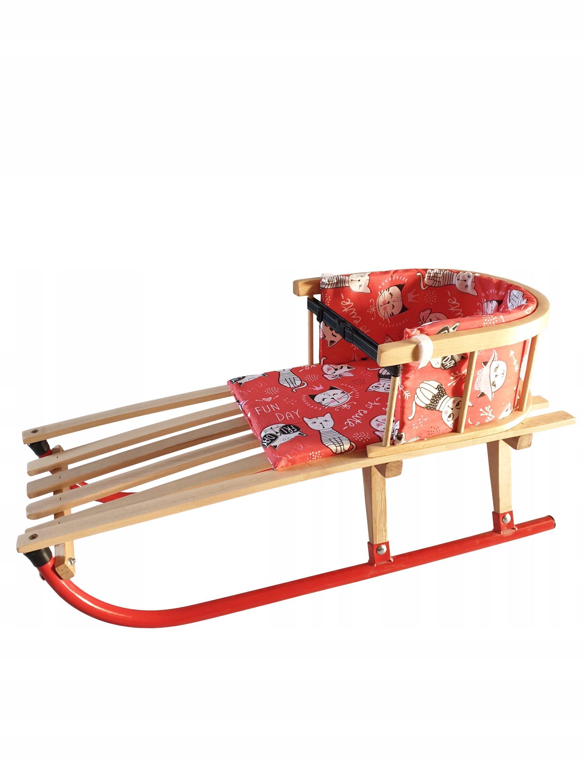 Drewniane sanki z oparciem i materacem sznurek pasy Produkt Polski