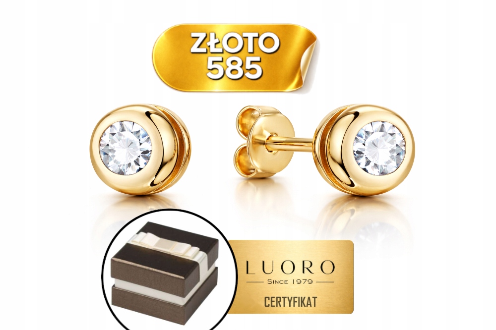 Náušnice Zlaté 585 14K Zirkon Obklopené Zlatem 4,5 MM Krabička Dárek