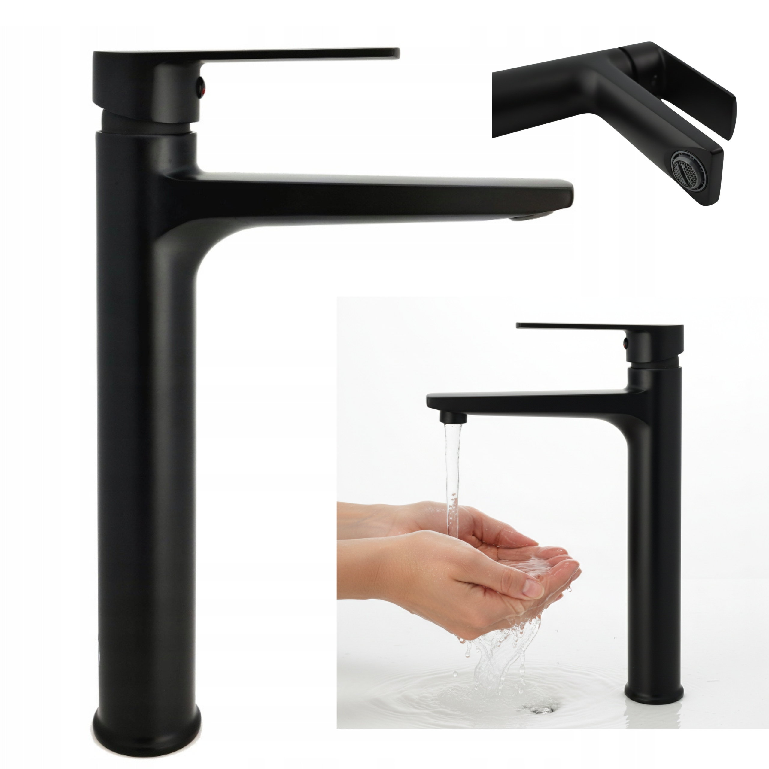 Bateria Umywalkowa Nablatowa Stojąca Czarna Wysoka Solidna Loft Cubic Mat