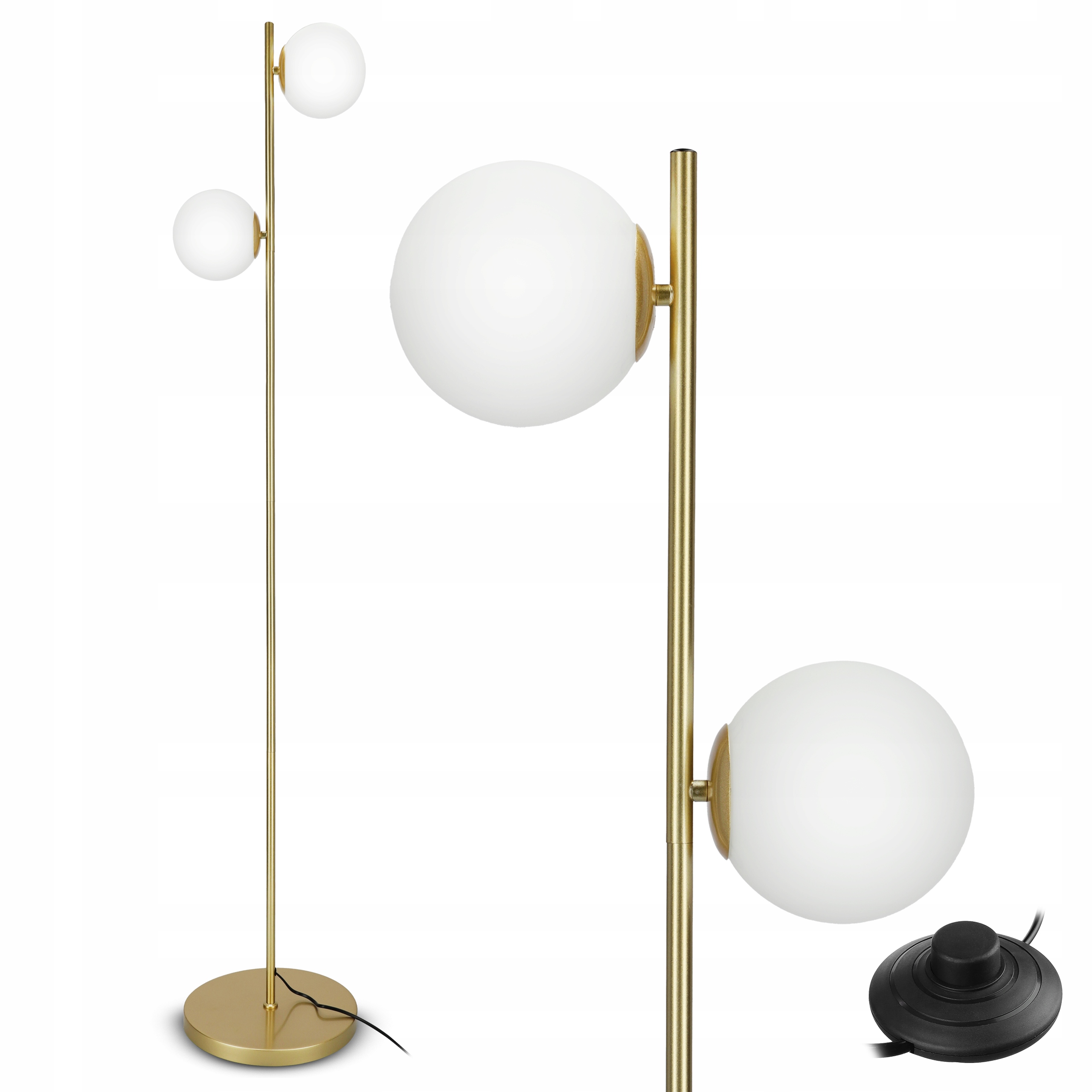 Złota Lampa Stojąca Podłogowa Lampka Led 2X E27 Kula Do Czytania Włącznik