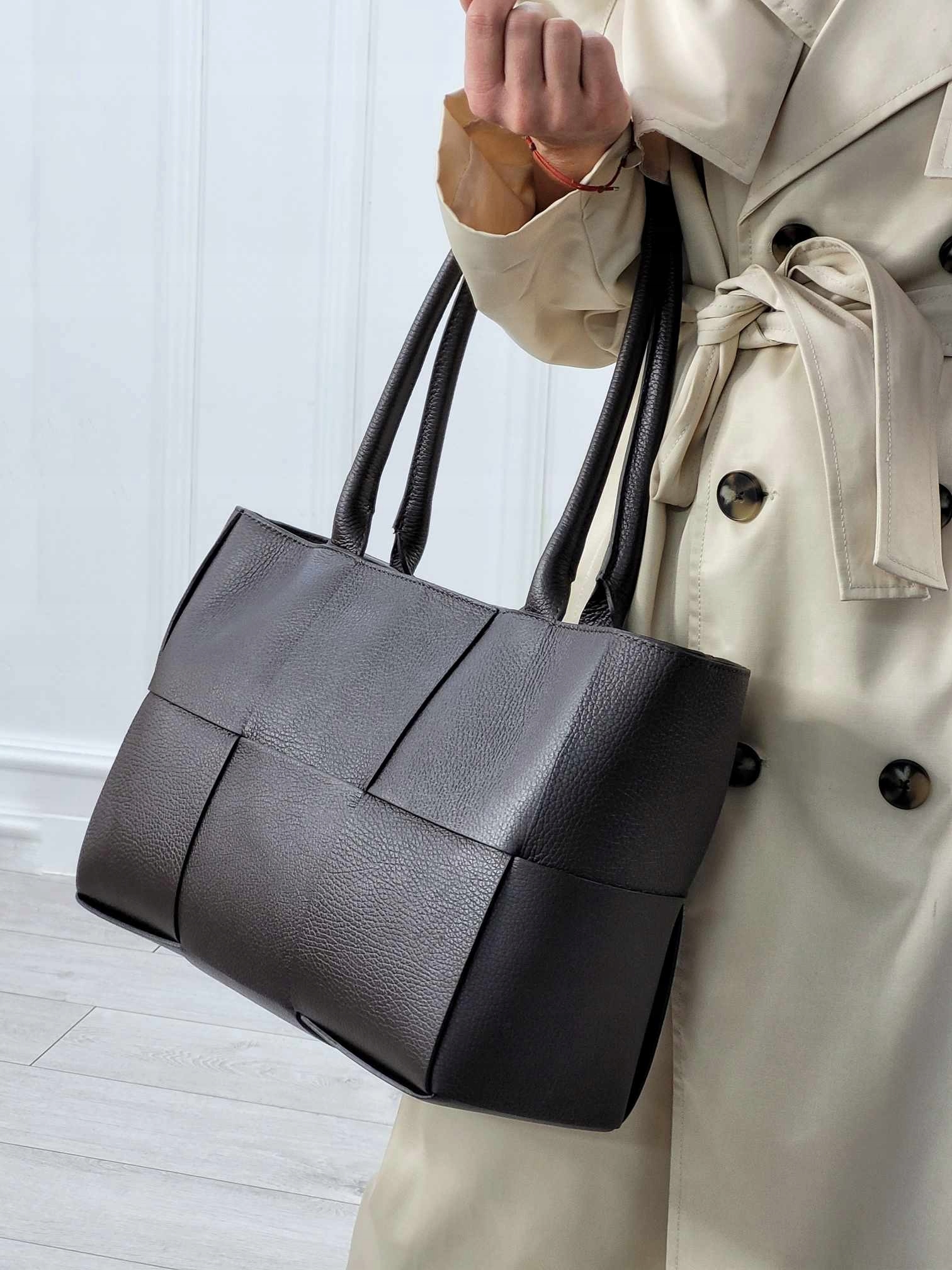 Torba Shopper Prefetta Skóra Naturalna Brąz Czekolada Kolor okuć srebrny