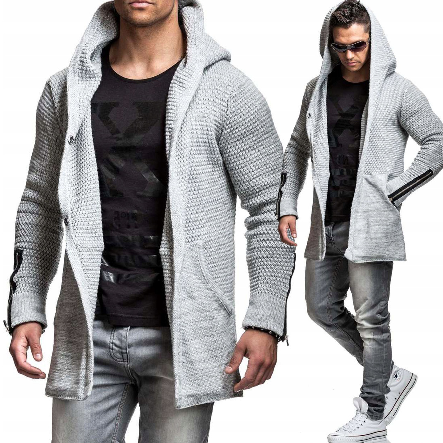 Přehoz Teplý svetr Kardigan s kapucí Mikina