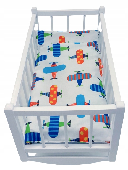 KOŁYSKA DLA LALEK BIAŁA DREWNIANA + POŚCIEL 3el