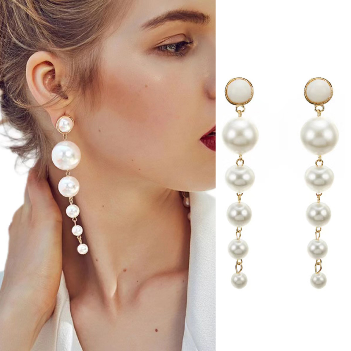 KOLCZYKI WISZĄCE PERŁA DŁUGIE FRĘDZLE CHWOST