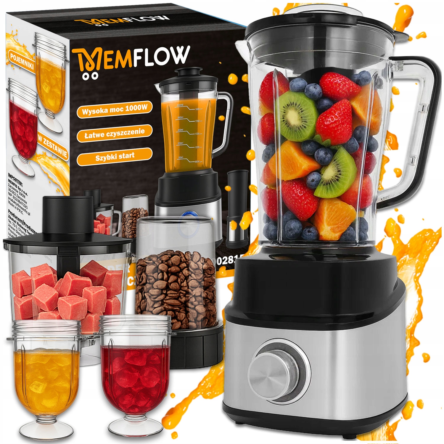 Blender Kielichowy Kuchenny 1000W Kruszy Miksuje Smoothie Młynek Do Kawy