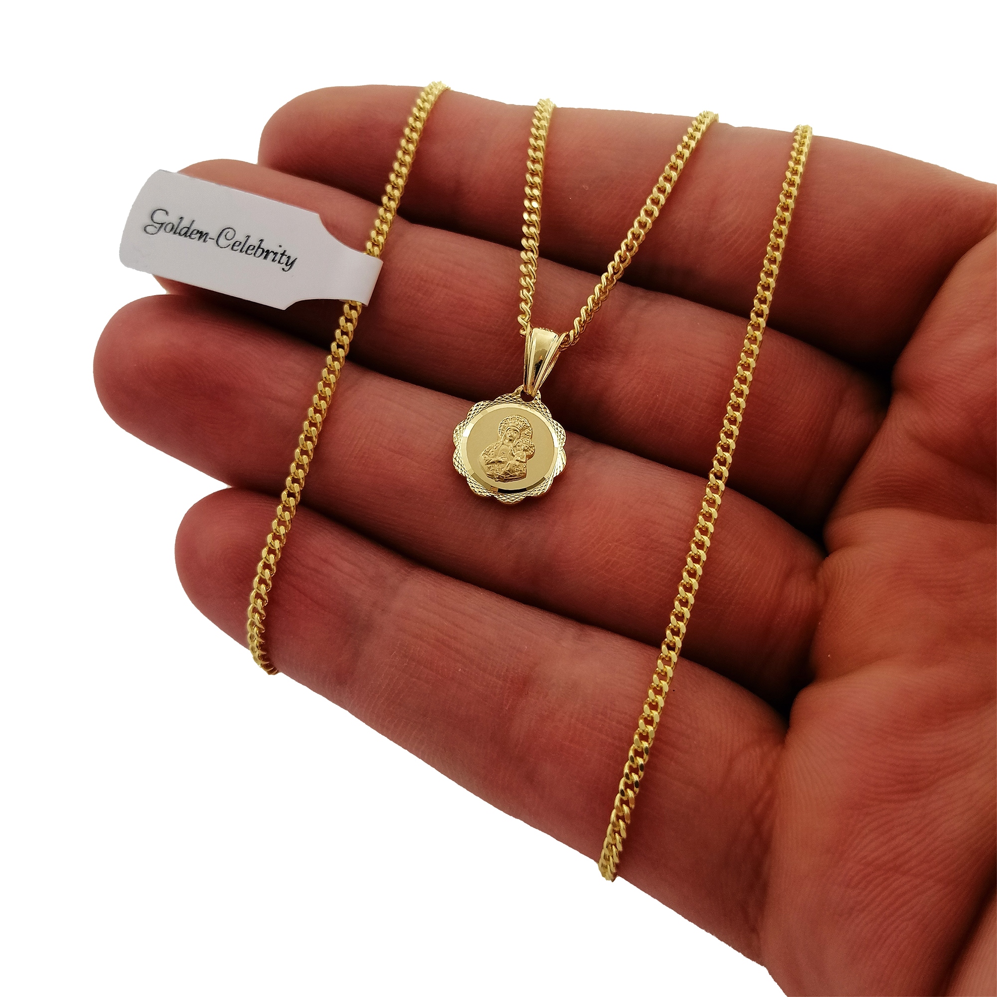 ZŁOTY ŁAŃCUSZEK + MEDALIK 925/585 14K + GRAWER PREZENT NA KOMUNIĘ DLA CÓRKI Marka Golden Celebrity