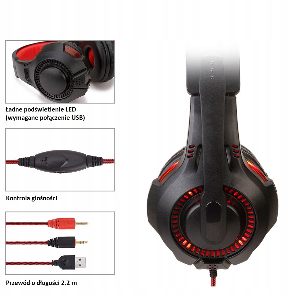 Słuchawki GAMINGOWE dla graczy LED mikrofon Kolor czarny