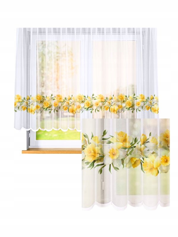 Záclona Krátká Bílá Narcis do kuchyně Obývací pokoj s páskou na žabky š.260x140