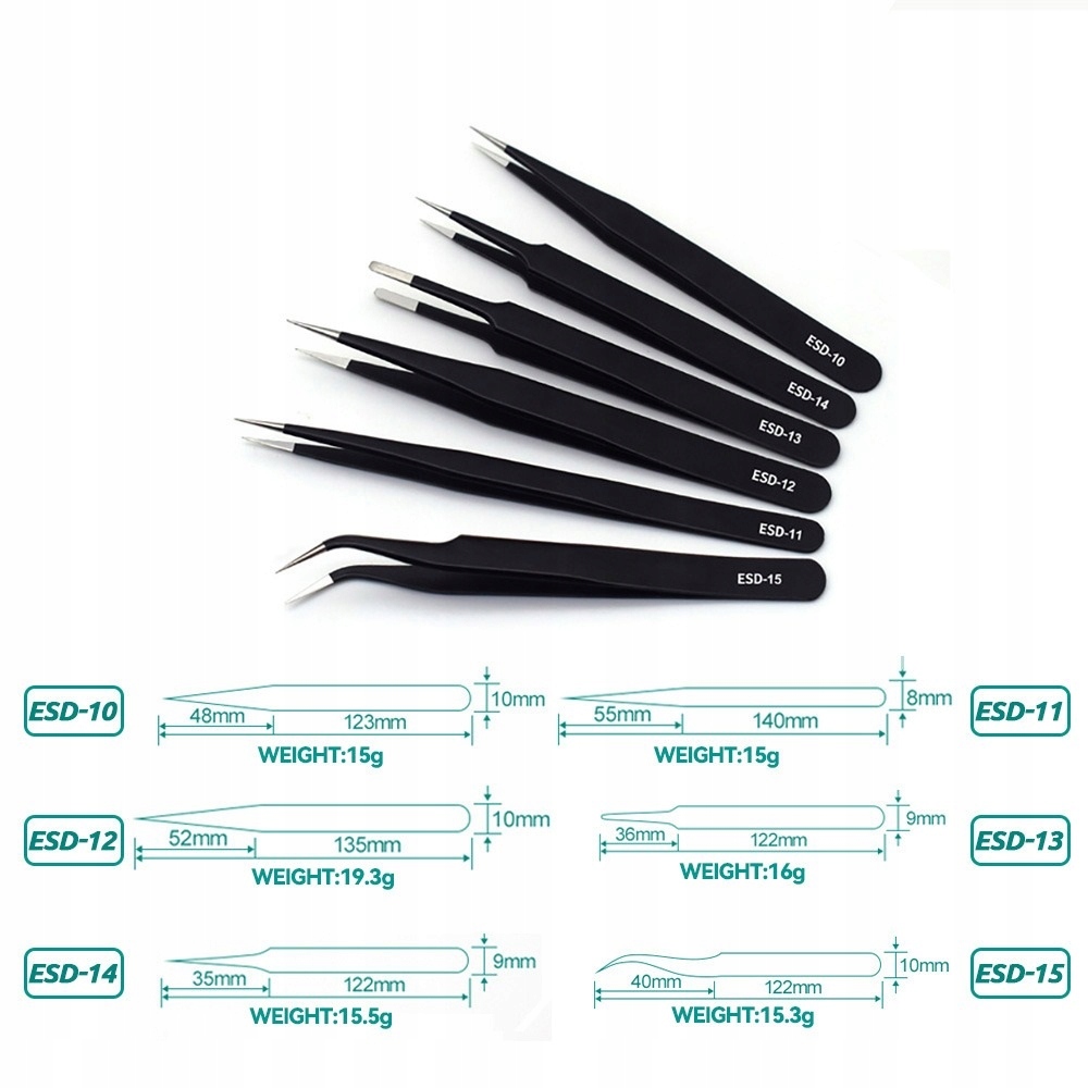 ZESTAW METALOWYCH PĘSET ESD 6 SZT PINCETA PĘSETY Marka bez marki