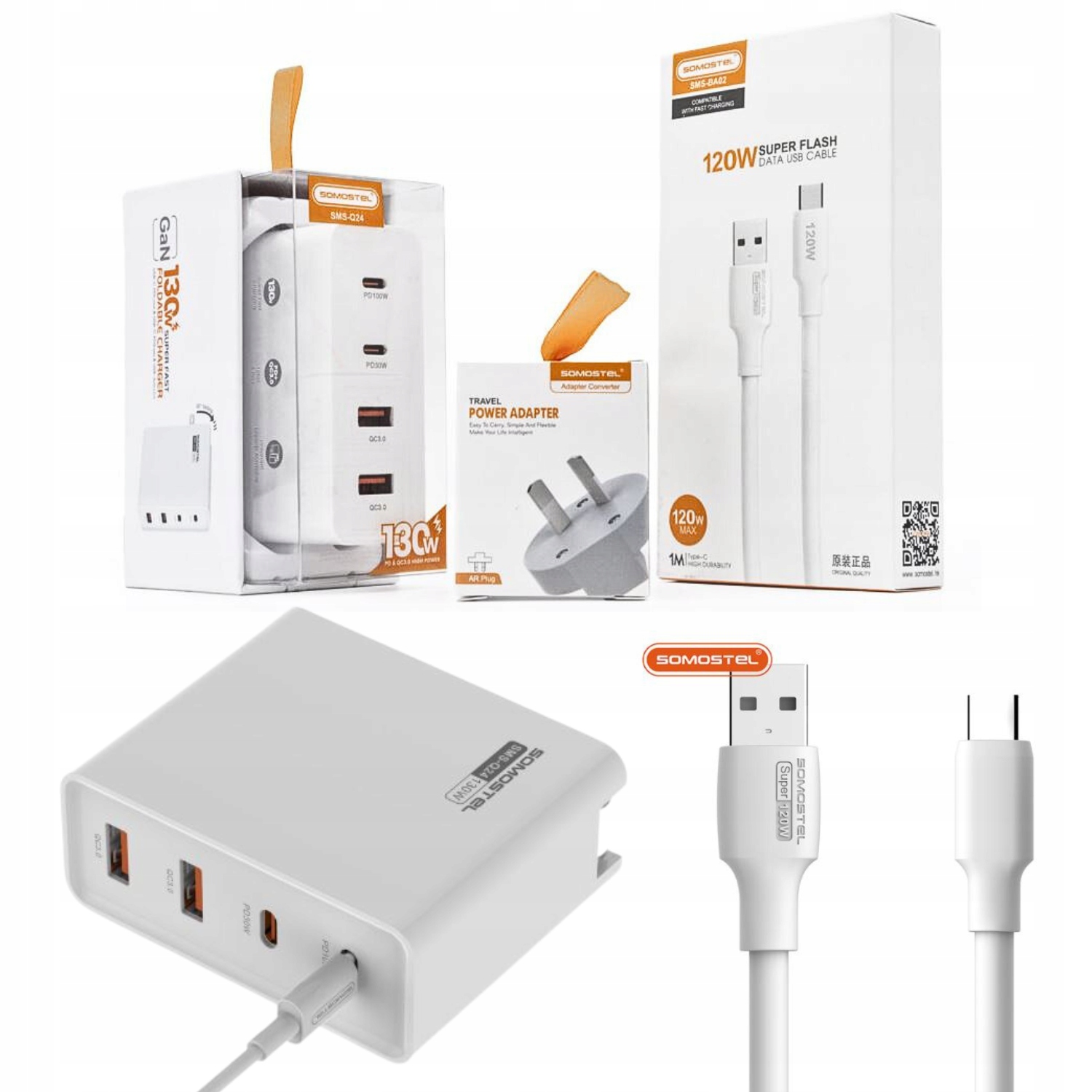 Nabíječka 130W GaN Somostel Q24 2×PD 2×USB Kabel Usb Typ-C 6A 120W