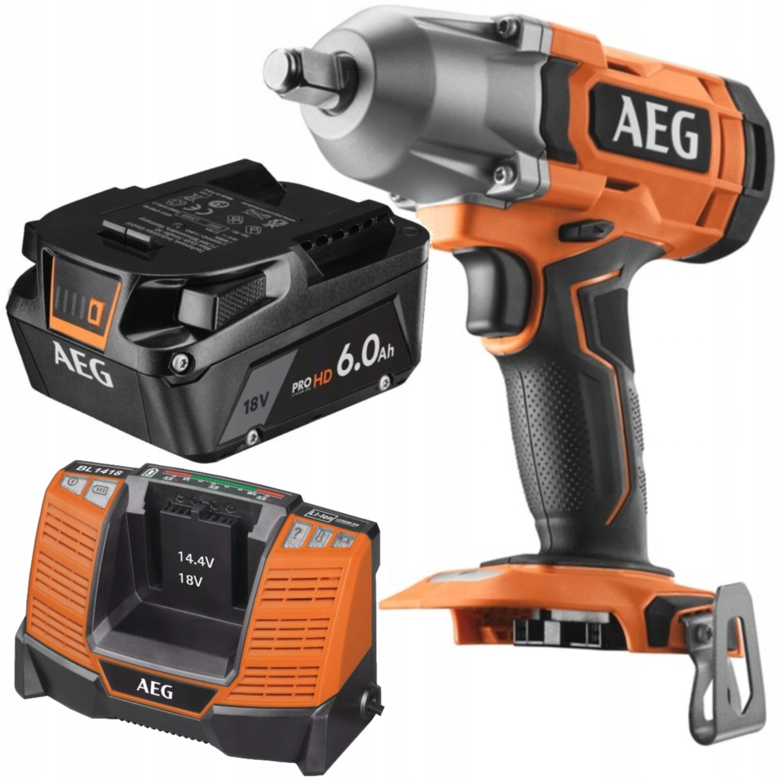 Aeg Rázový Uťahovák 18V 410Nm nabíjačka BL1418 akumulátor 6.0Ah