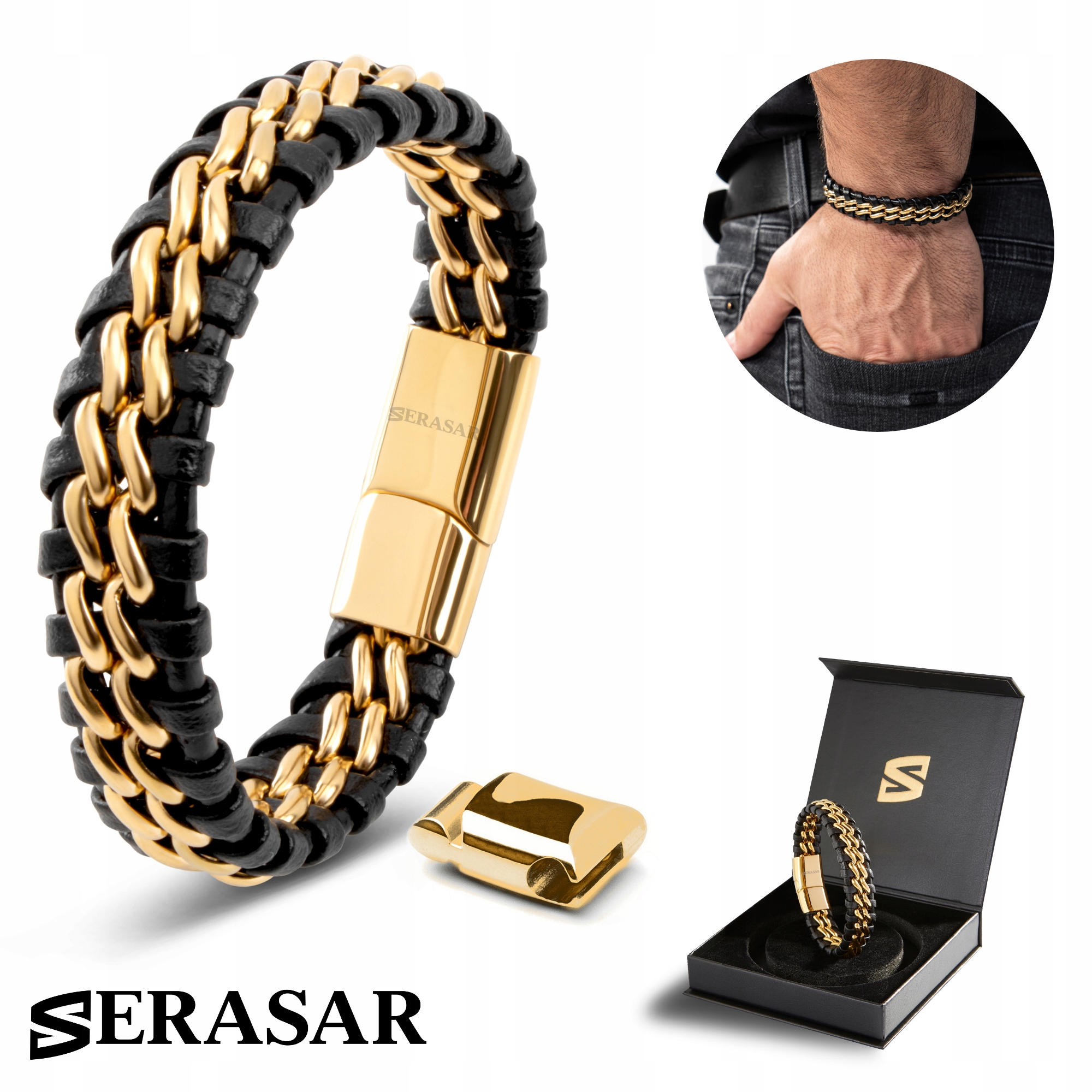 Serasar, Pánský kožený náramek [Steel] Zlatý, 20 cm