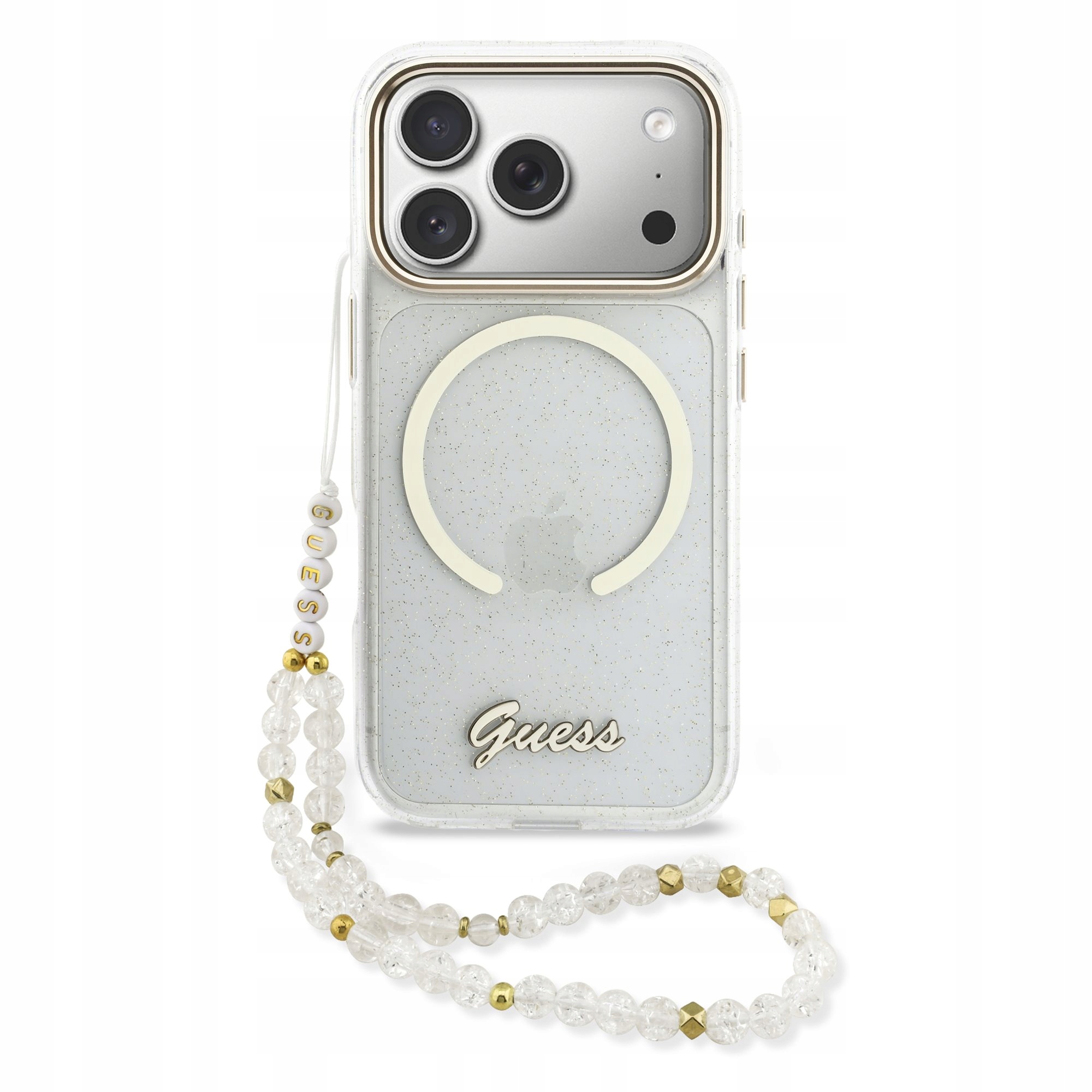 Guess IML Glitter Script Strap MagSafe Pouzdro pro iPhone 17 Pro Max poutko