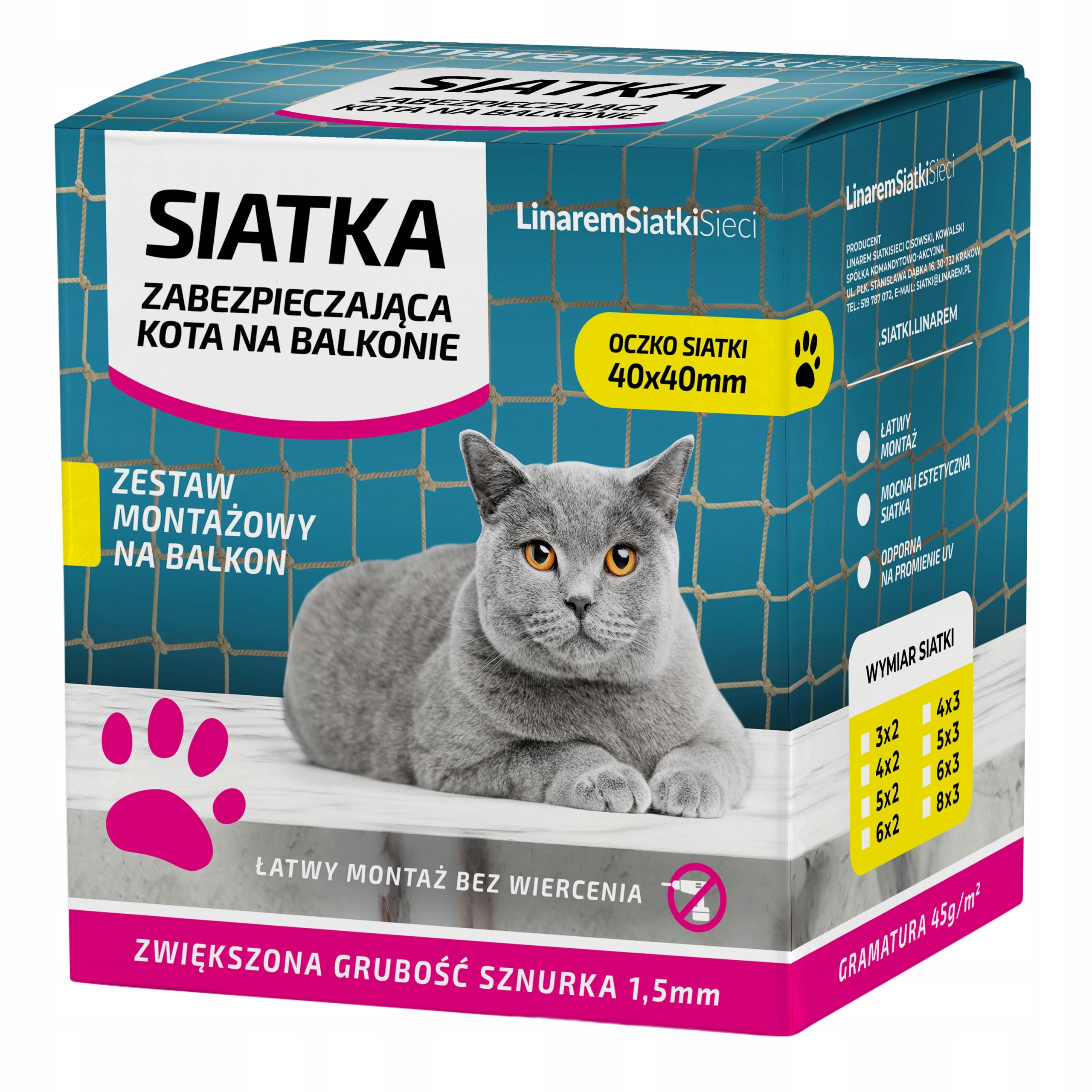 Síťka Pro Kočky 6x3 m na balkon Tlustá 1,5 mm, 40 mm, sada bez Uv vrtání
