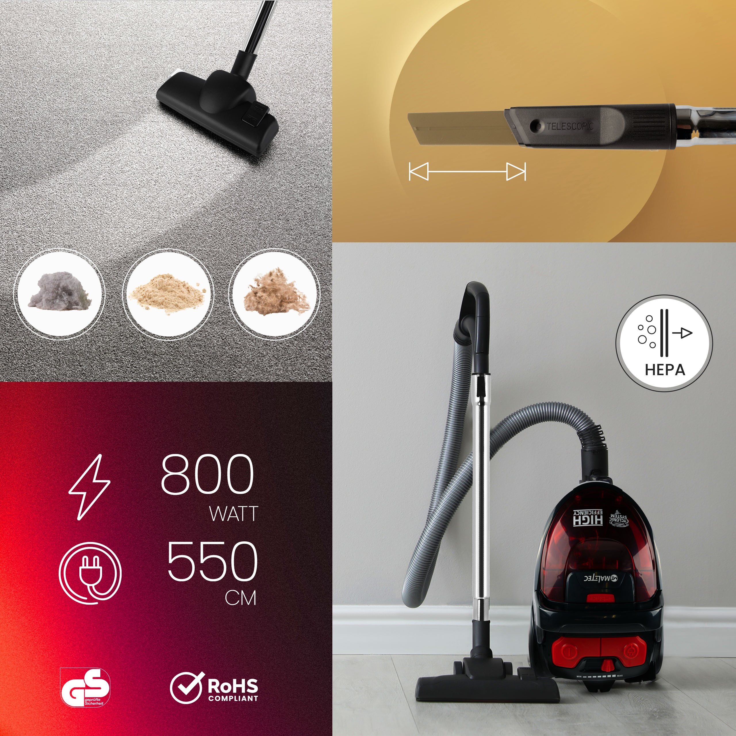 ODKURZACZ DOMOWY CYKLONOWY BEZWORKOWY DUŻA MOC 4200W TURBOSZCZOTKA HEPA Wysokość produktu 25 cm