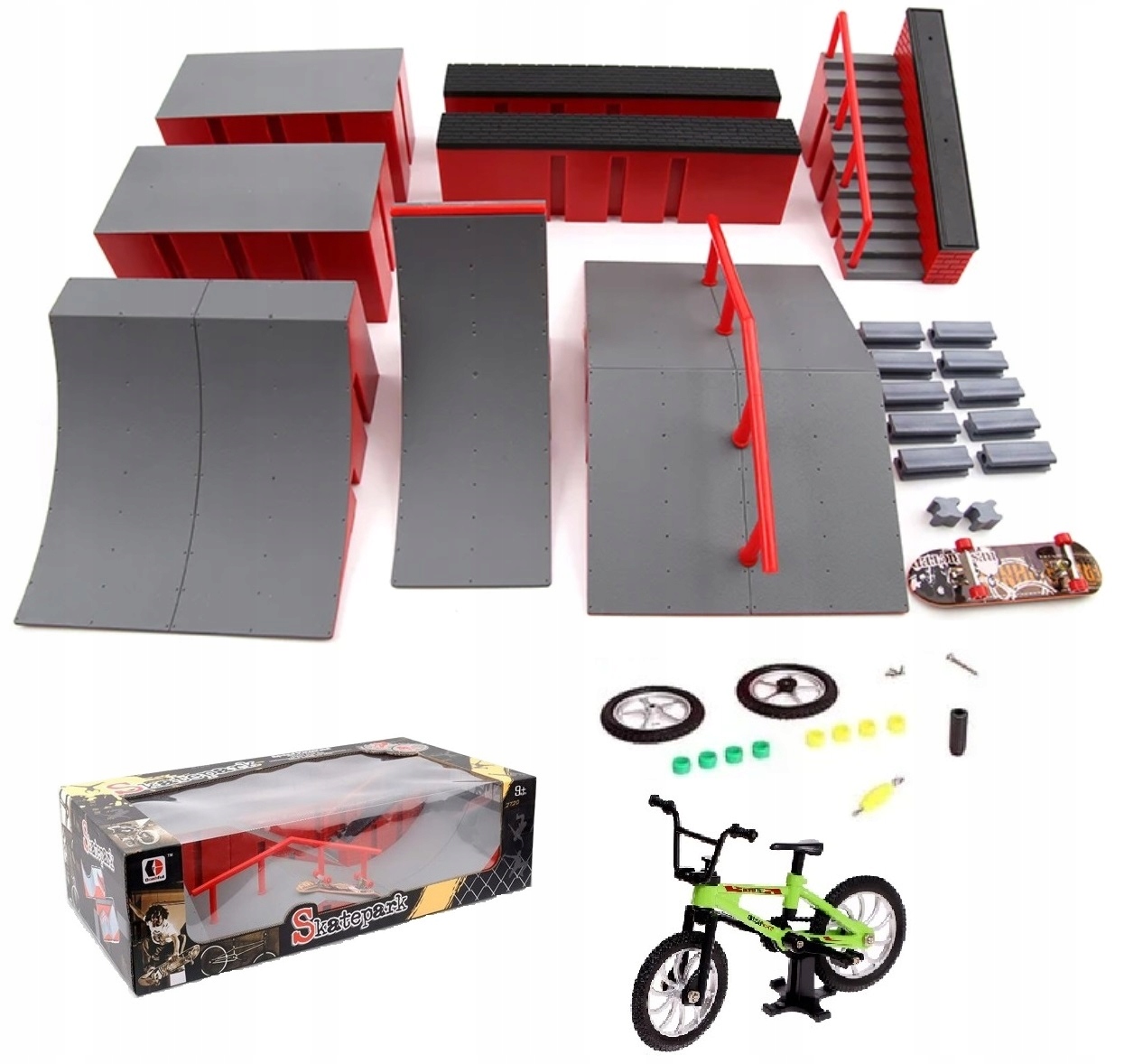 Zestaw skatepark z fingerboardem i BMX RegMag FB-09-C – Wymiary i materiały
