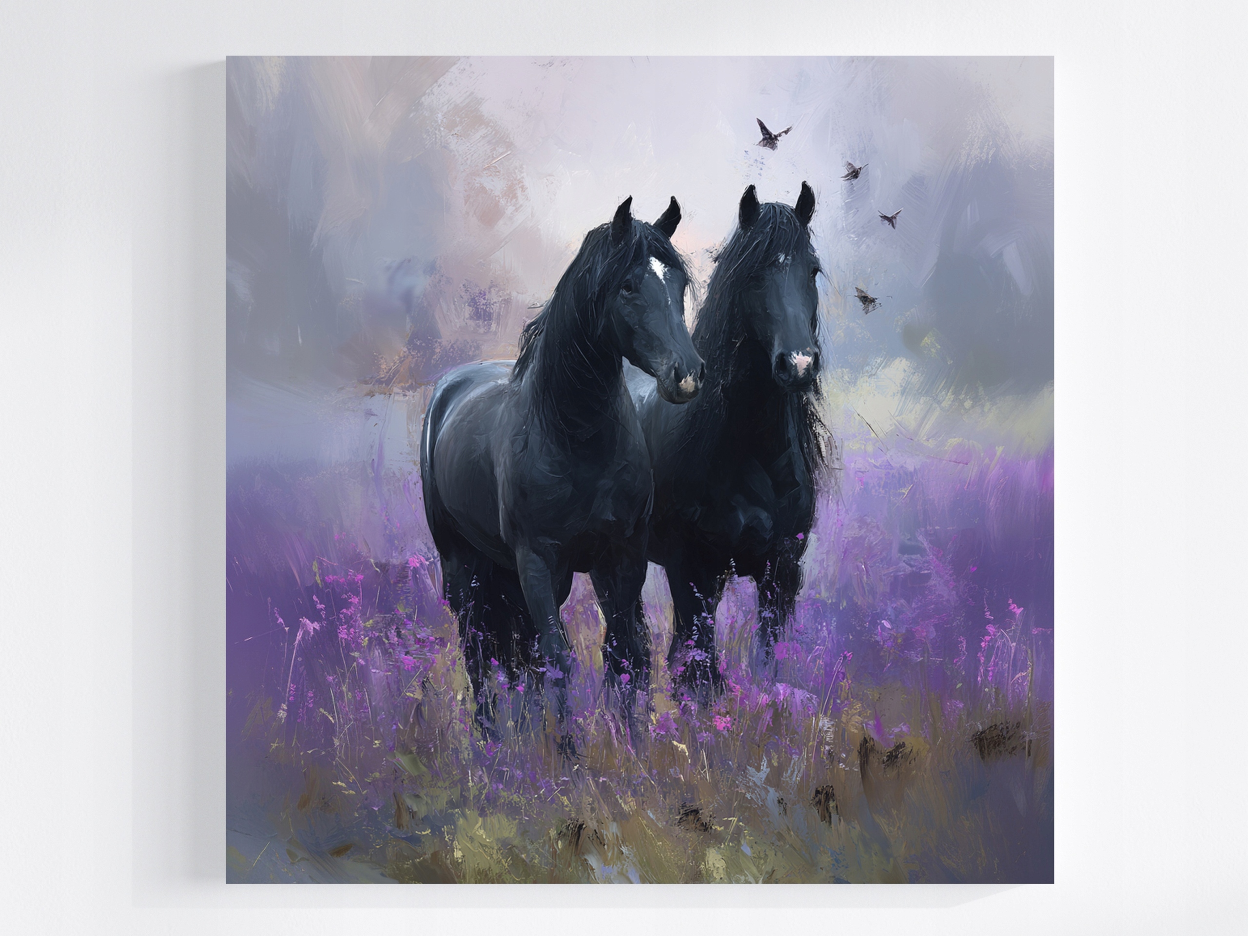 Obraz Na Plátně Canvas Příroda Podzim Mlha Louka Koně Levandule Vřesy 80x80