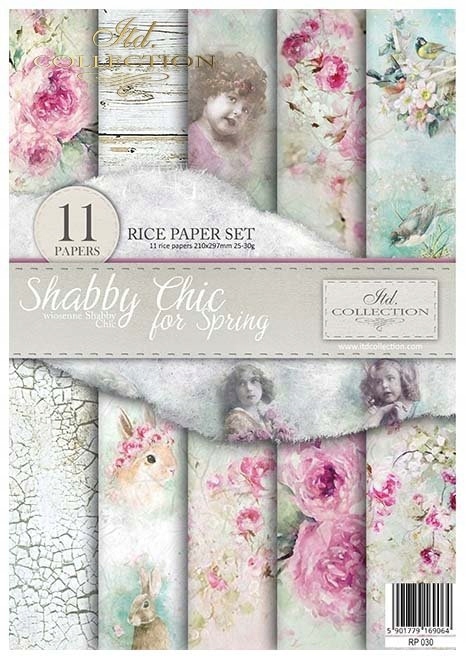 Sada 11 rýžových papírů A4 pro decoupage RP030 Shabby Chic for Spring