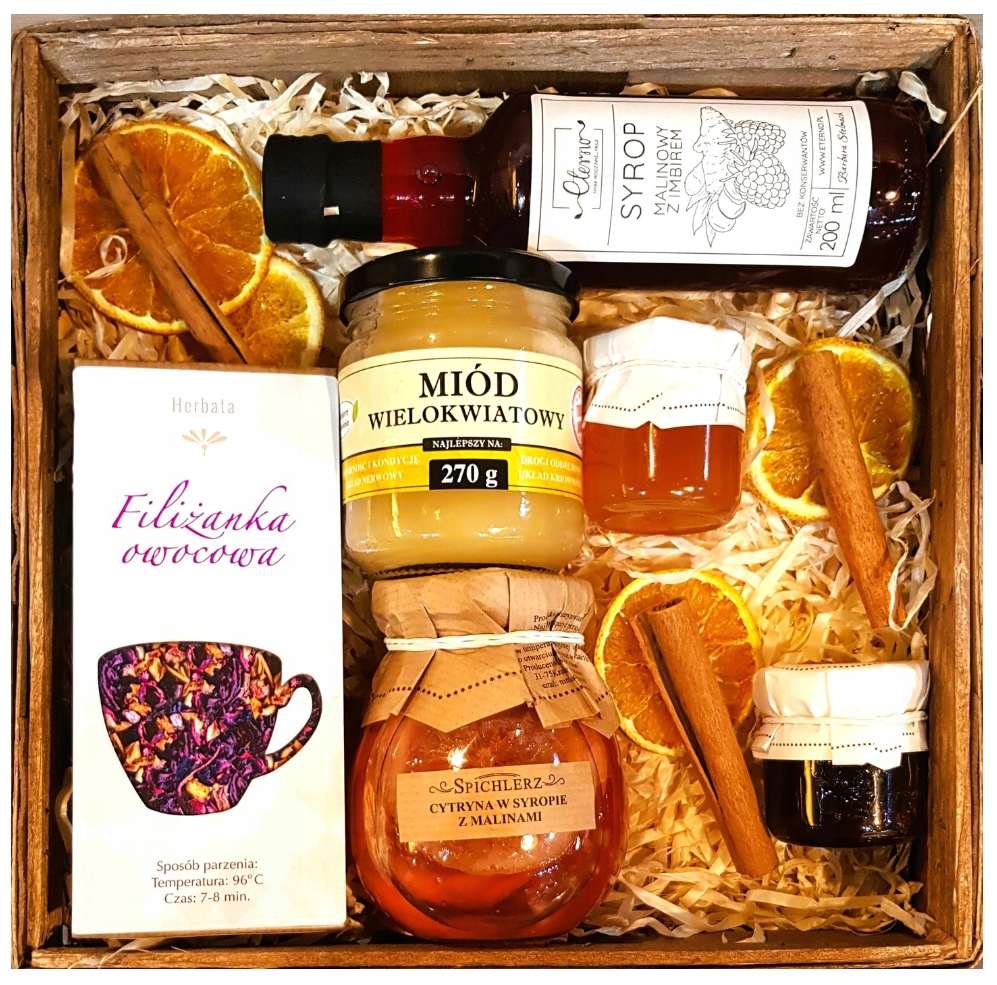 Dárkový koš Dárek Dárkové Balení Čaje Med Citron Malina Sirup