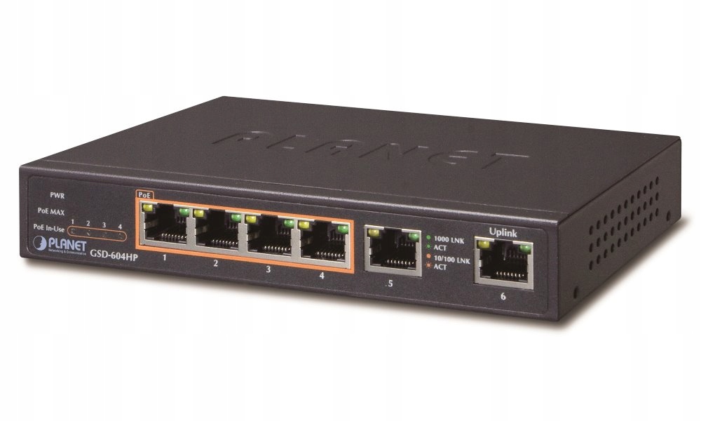 Planet GSD-604HP PoE switch 1Gbps, 6xTP, 4xPoE 802.3at af 30W 55W, fanl