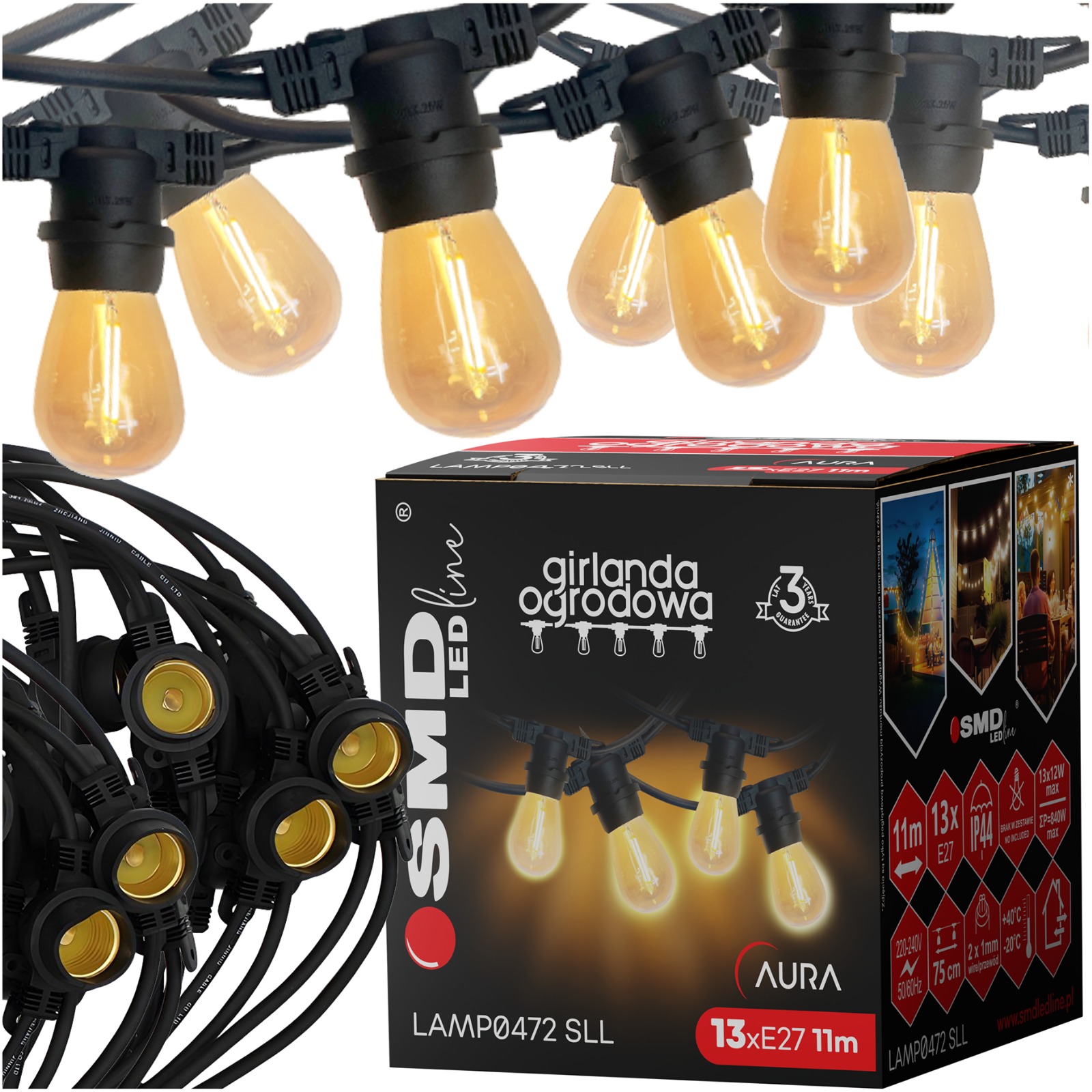 Venkovní zahradní girlanda Led Světelný Řetěz 10 m 13x E27 kabel