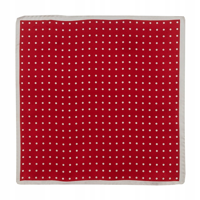 Hedvábný kapesníček červený s bílými puntíky, ručně obšitý Em 53