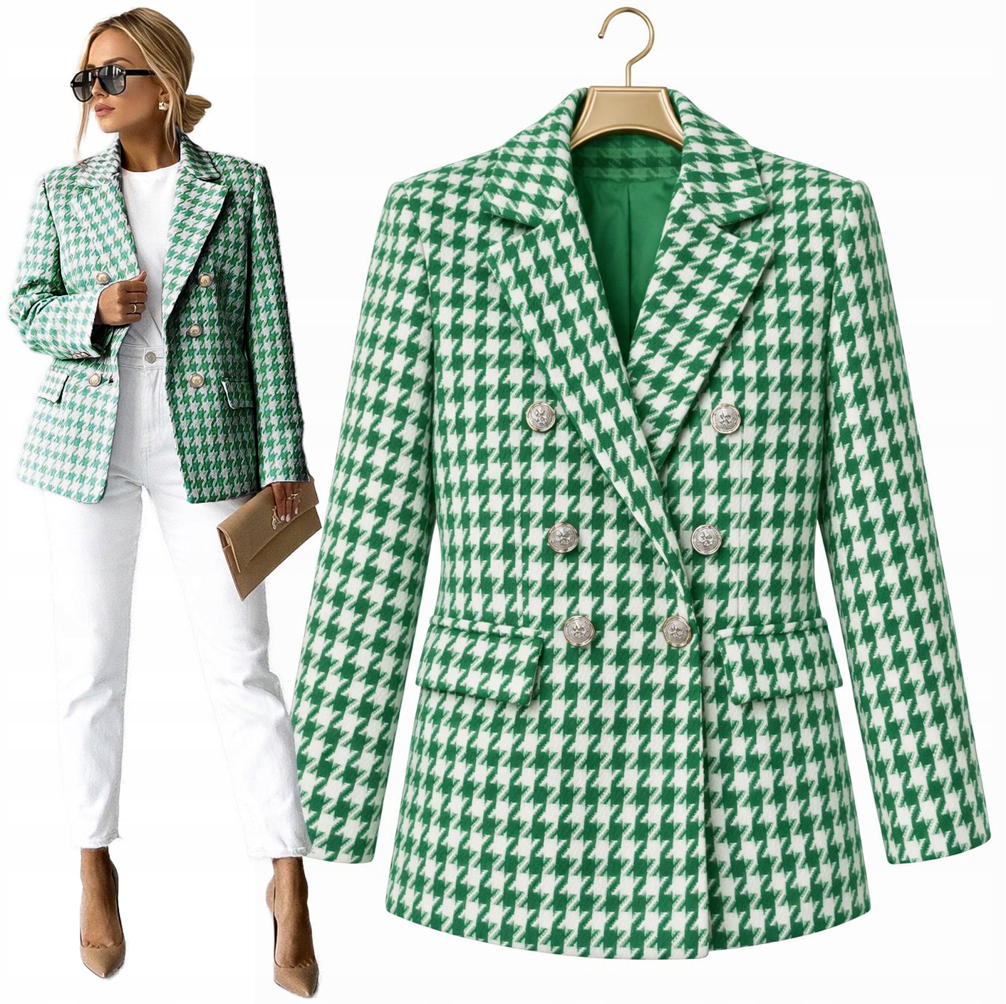 tweedowa Marynarka damska Żakiet dwurzędowe złote guziki M Sisi