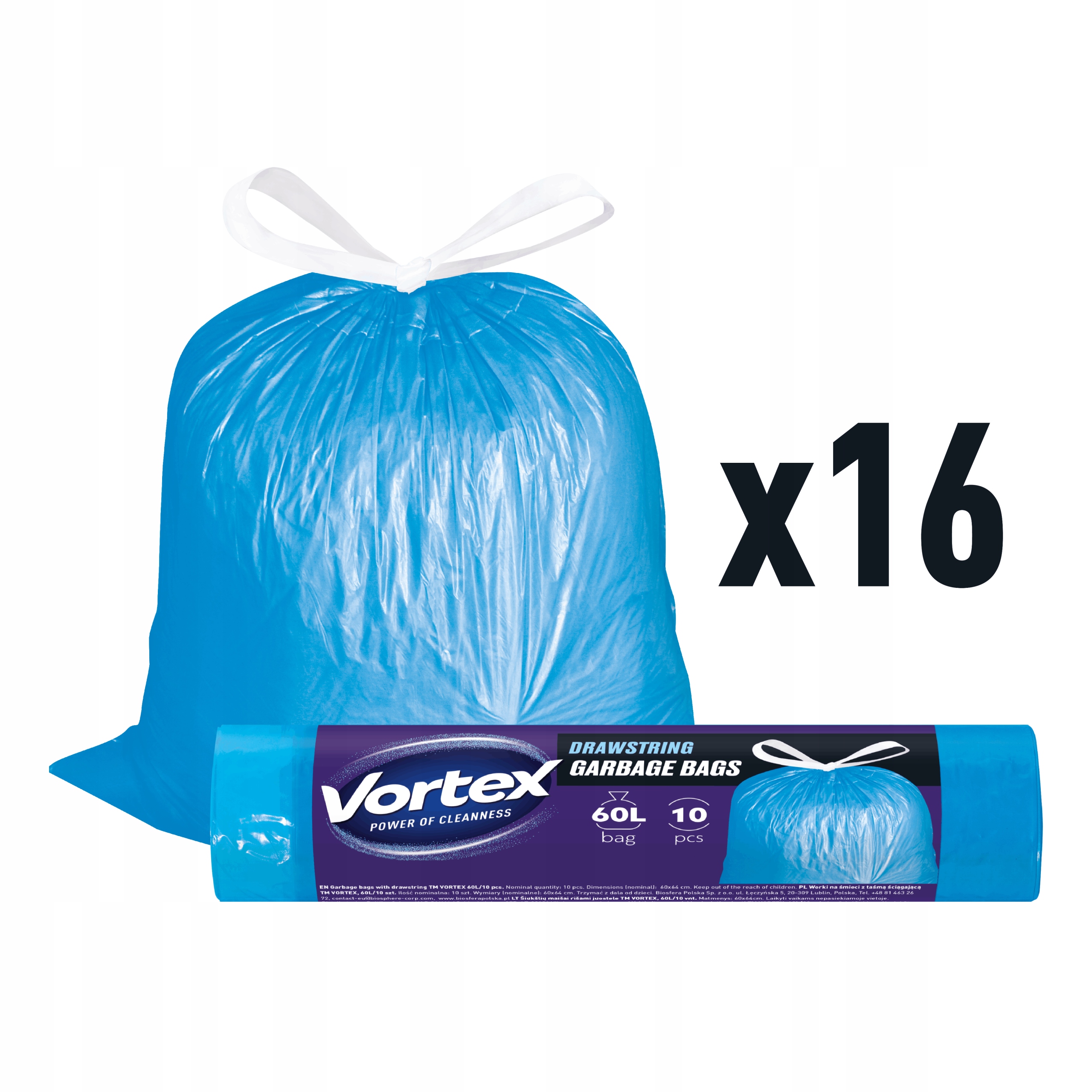 Levně Pytle Na Odpadky S Páskou Silné 60L Odolné Modré Vortex 16x10 kusů