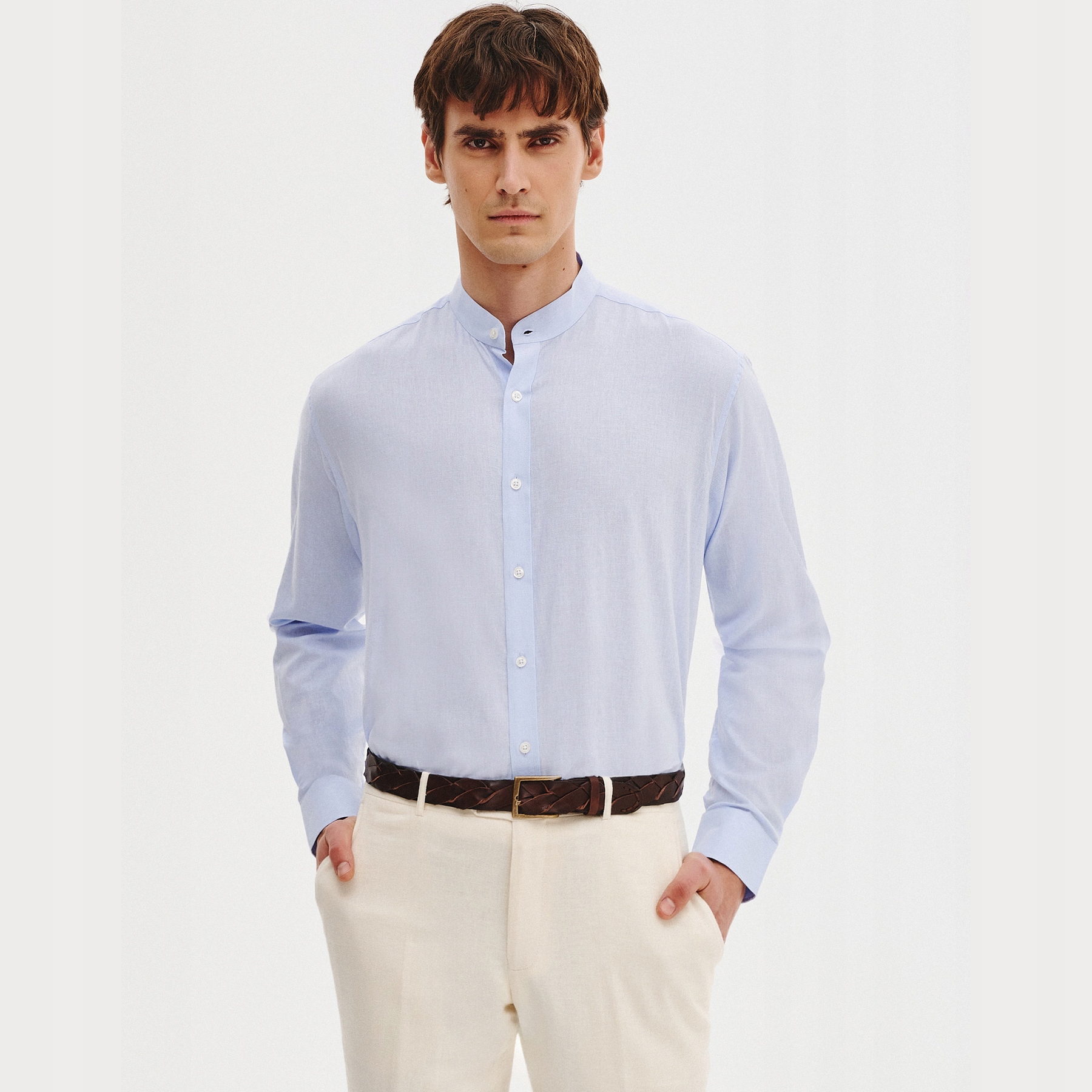 Niebieska lniana koszula męska ze stójką Pako Lorente roz. L