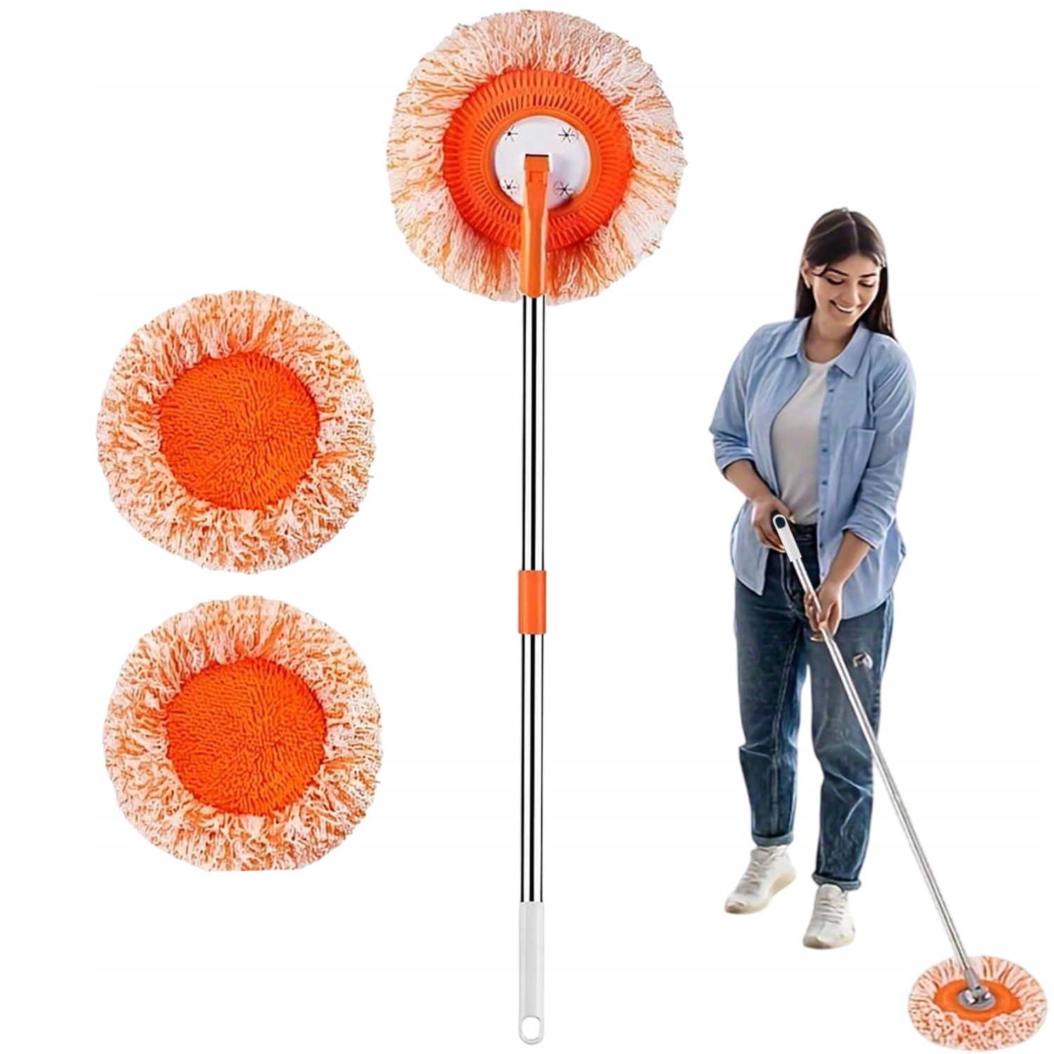 Levně Mop Sada Otočná O 360° 3 Tyče 3 Hlavice Na Podlahy A Okna Oranžová