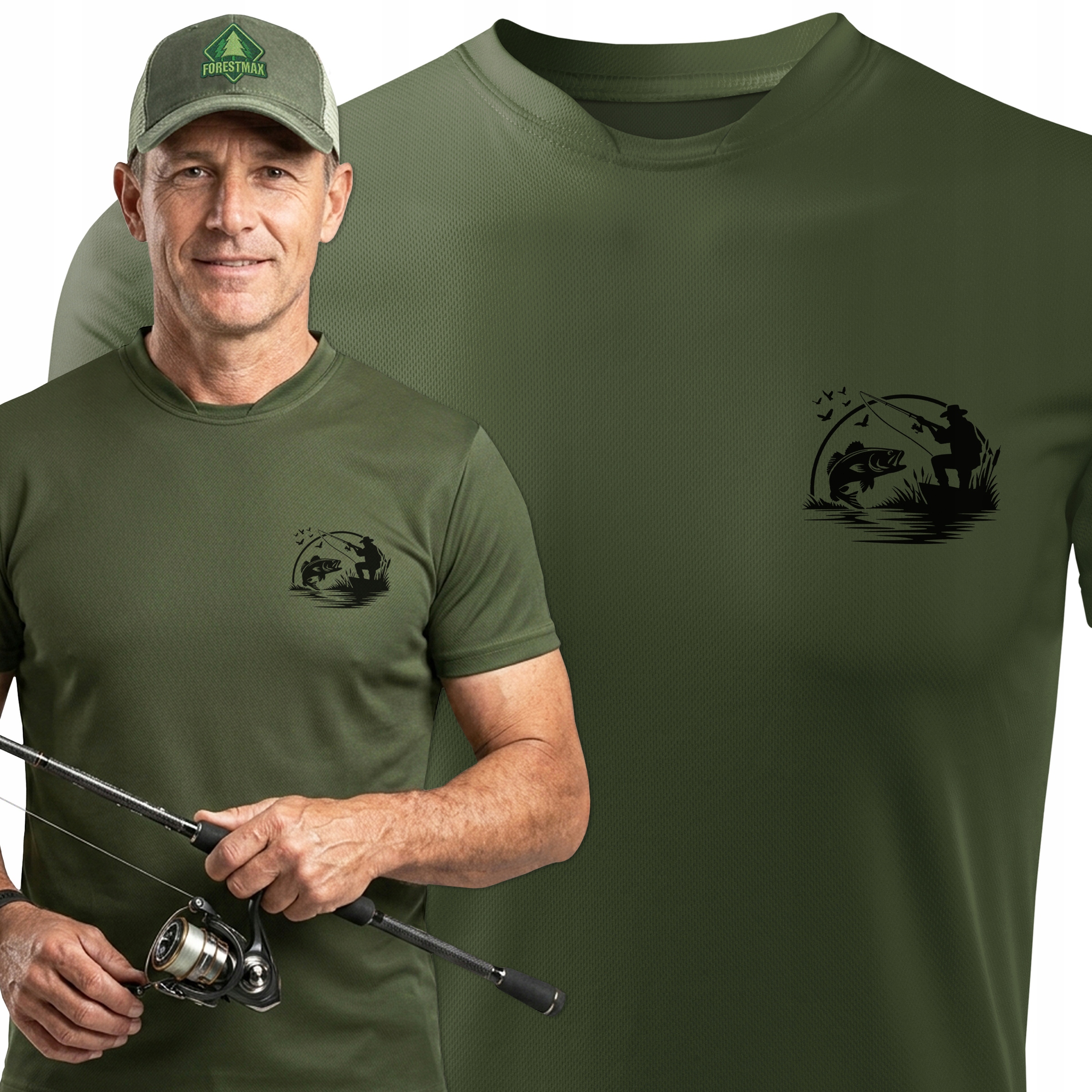 Męska termoaktyna koszulka T-shirt na ryby kolor khaki nadruk Wędkarz r. M