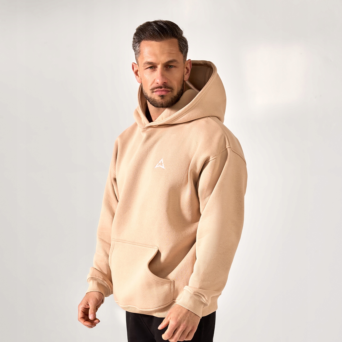 Allwear Bluza Męska Beżowa Z Kapturem Kangurek S Bawełniania Logo