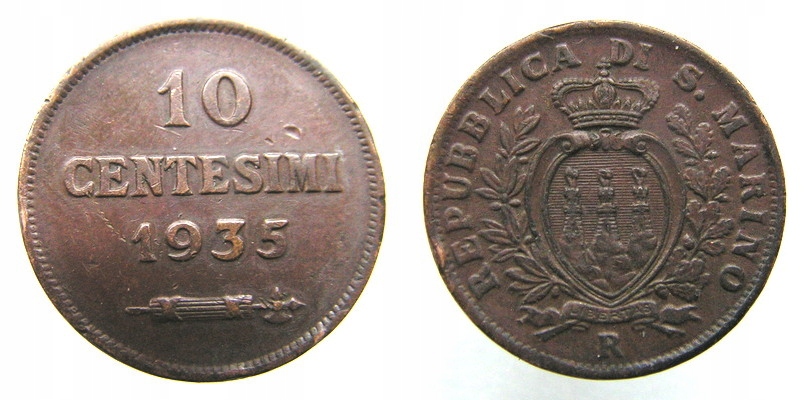 9388. SAN MARINO, 10 CENTESIMI, 1935, śr. 22,5mm