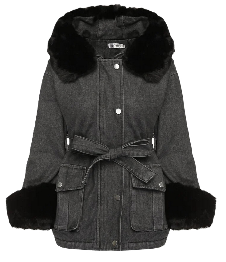 0008 Džínová bunda s odnímatelnou kožešinou na rukávech a kapuci M/L