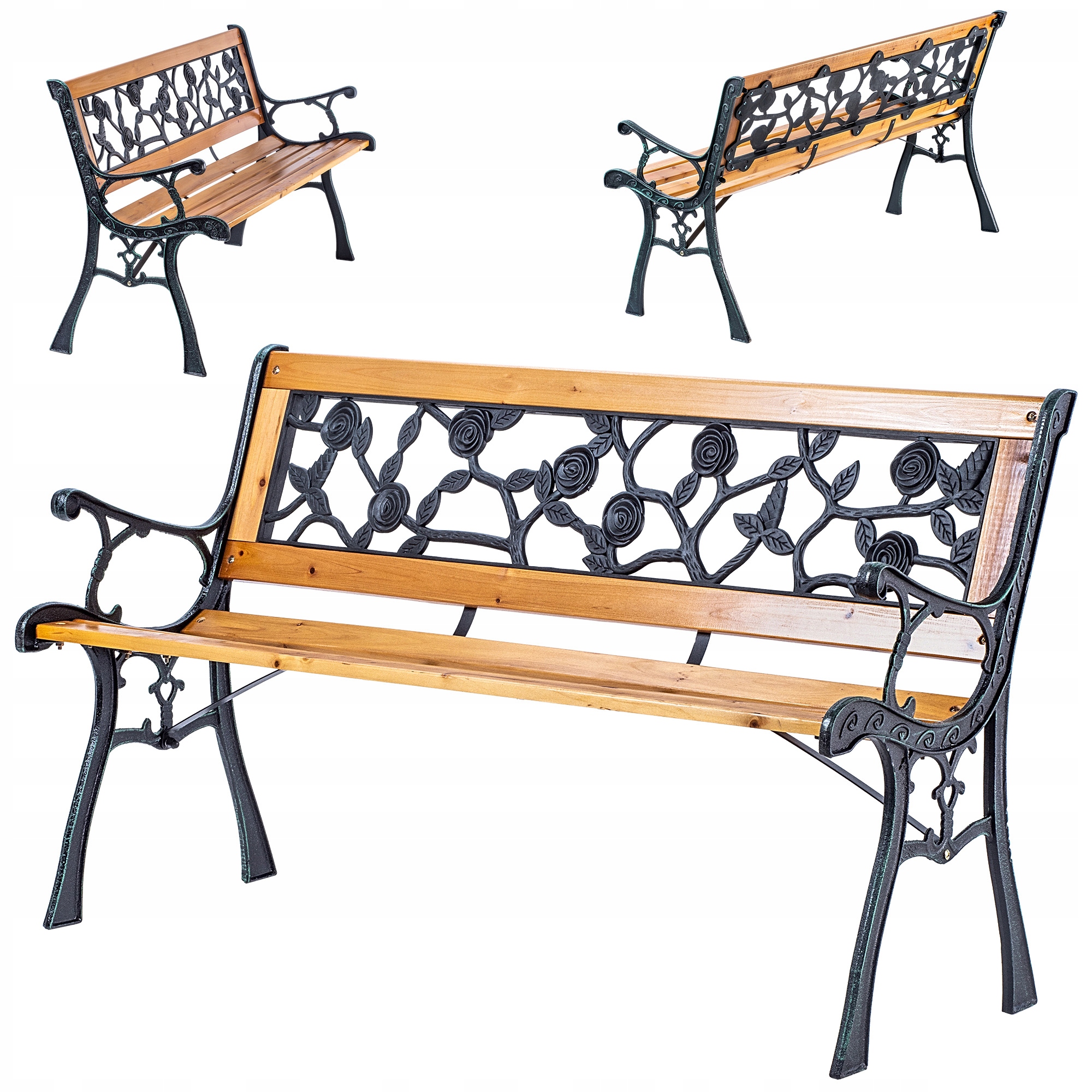 Zahradní Lavička Parková Dřevěná 127 cm Lavička S Opěradlem Litinová Růže