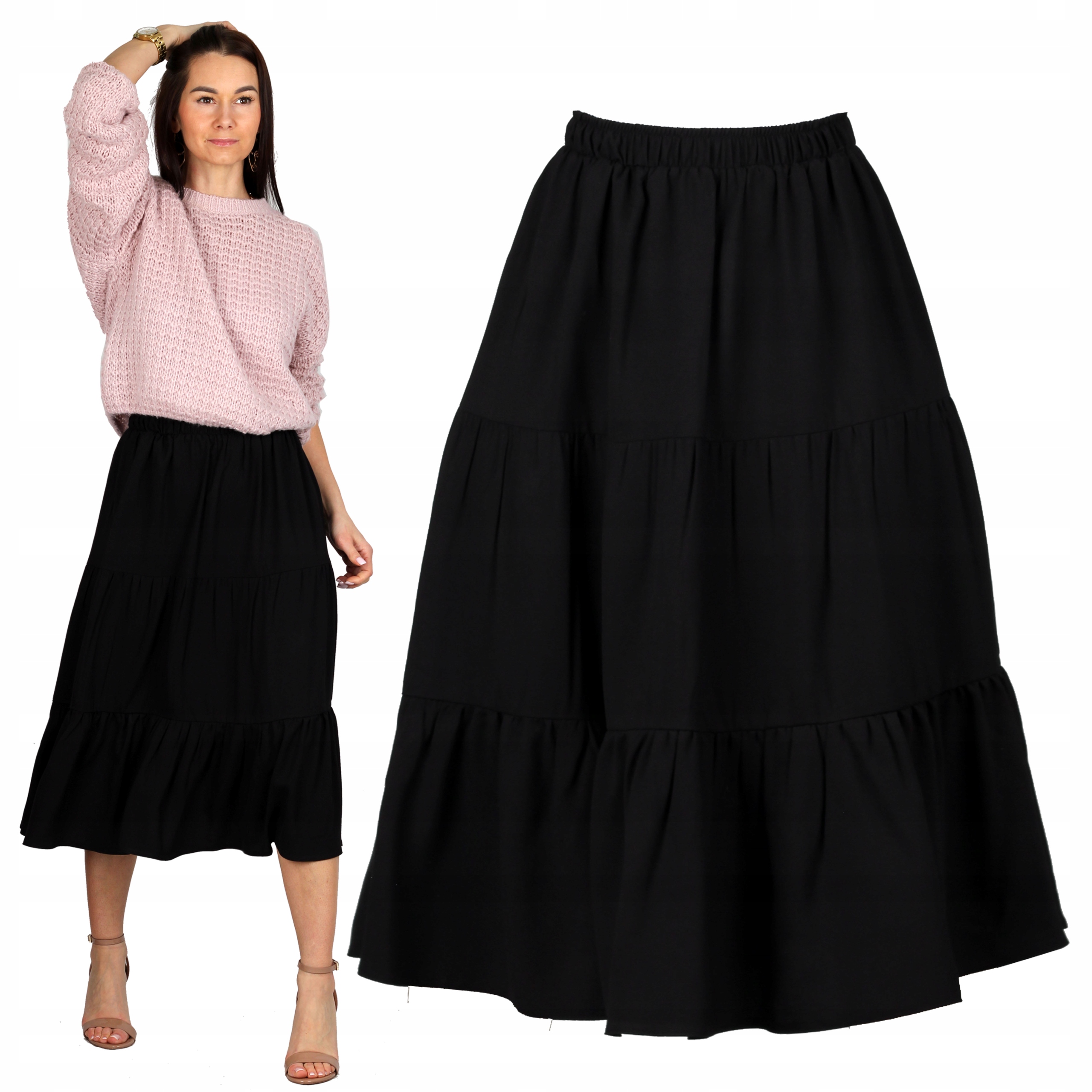 

L XL 3 Falbany Czarna kobieca spódnica midi