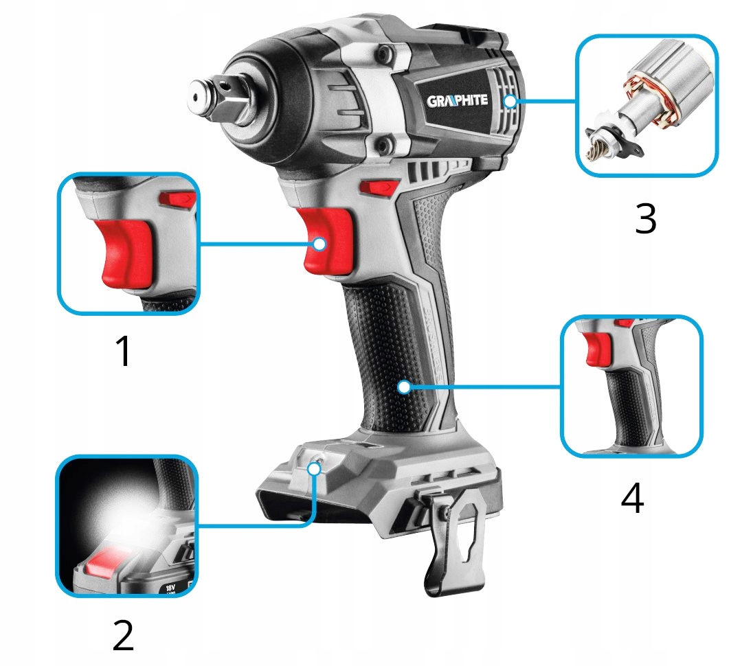 BEZSZCZOTKOWY KLUCZ UDAROWY AKUMULATOROWY MOCNY NA BATERIĘ GRAPHITE 18V Marka Graphite