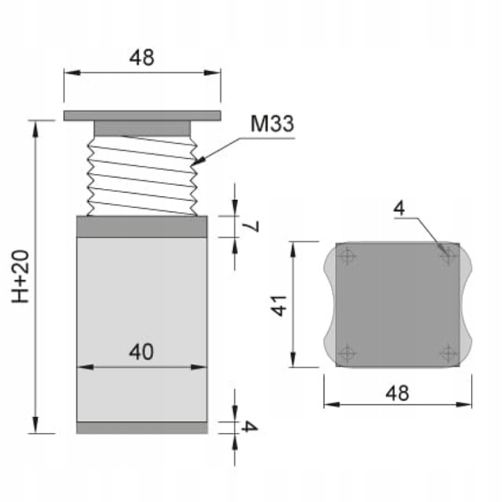 4x NÓŻKA NOGA DO MEBLI STOPKA MEBLOWA REGULOWANA 40x40 H-60mm CZARNA MATOWA Maks. szerokość 4 cm