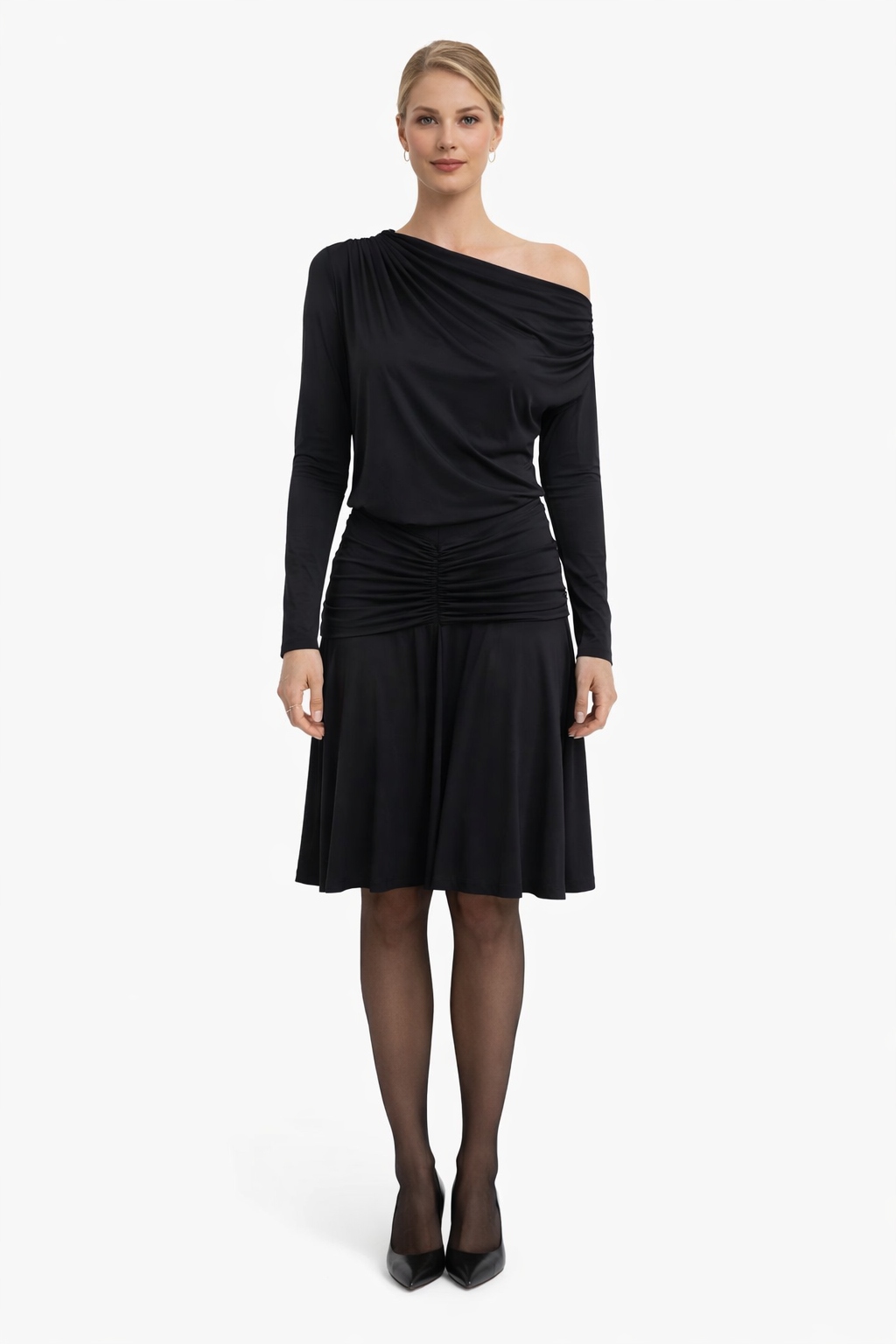 Pinko Černá Asymetrická Šaty S Nařasením A Dlouhým Rukávem 36 I3C