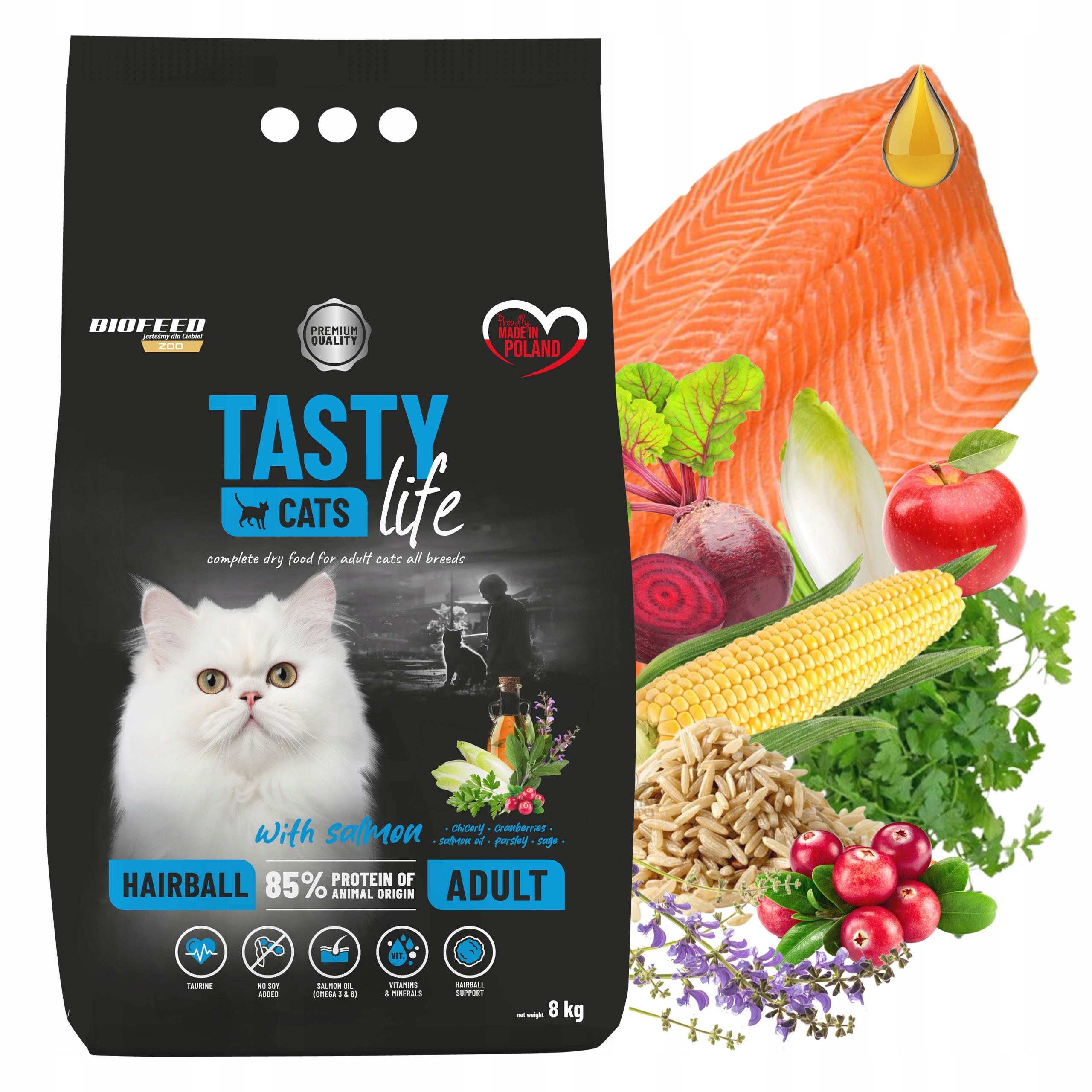 Levně Biofeed Tasty Cats Life Hairball Losos krmivo pro kočky 8 kg zdravé